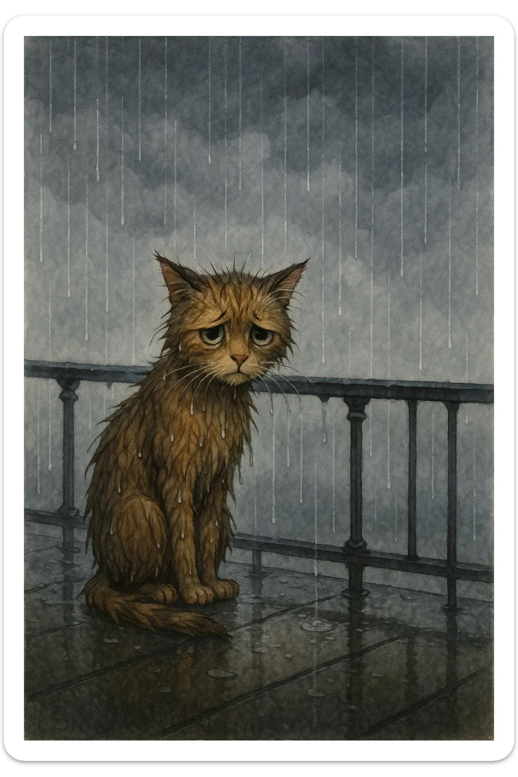 A lonely cat waiting on a balcony in the rain, appearing sad, with wet fur and a gray sky. sticker