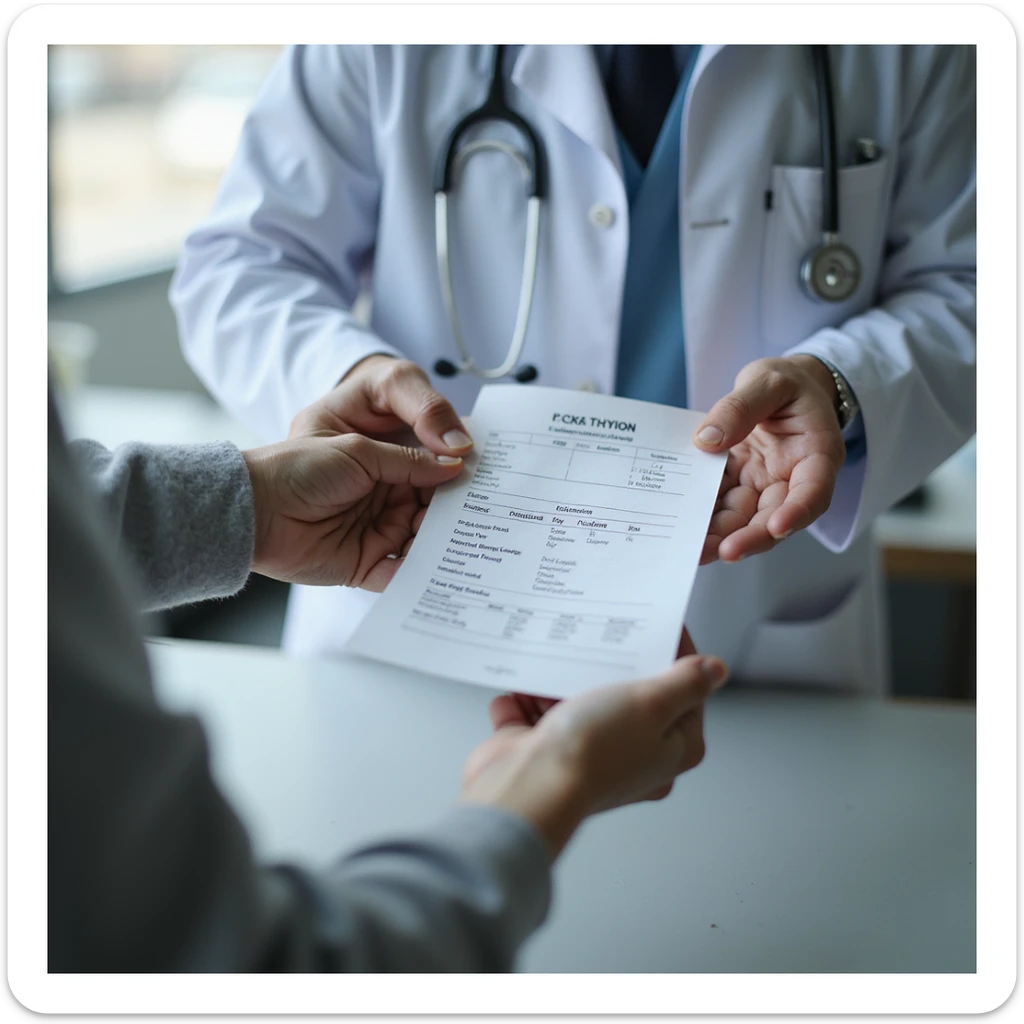 doctor handing the prescription to the patient, hands in close-up, 'Dried pig thyroid' visible on the paper, clinic environment, hyperrealistic 4K sticker