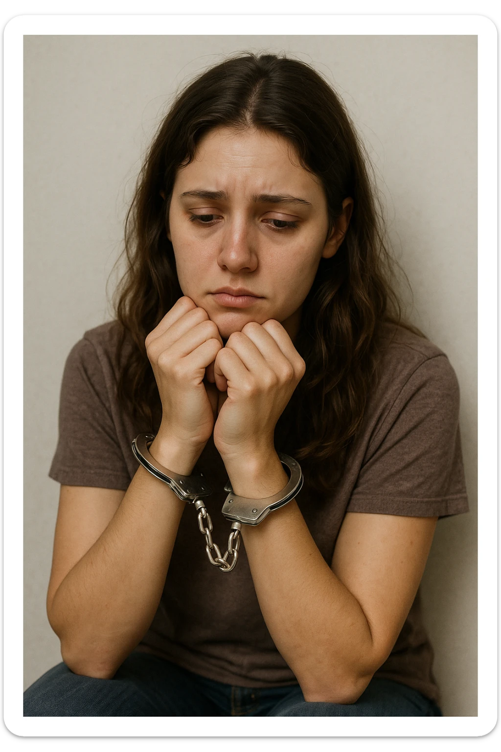 realistic illustration of a girl who is handcuffed, looking sad, neutral background sticker