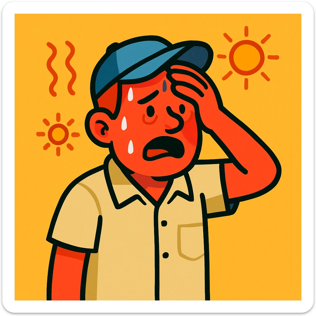 a man with a red face from sun exposure, looking overheated, cartoon style sticker