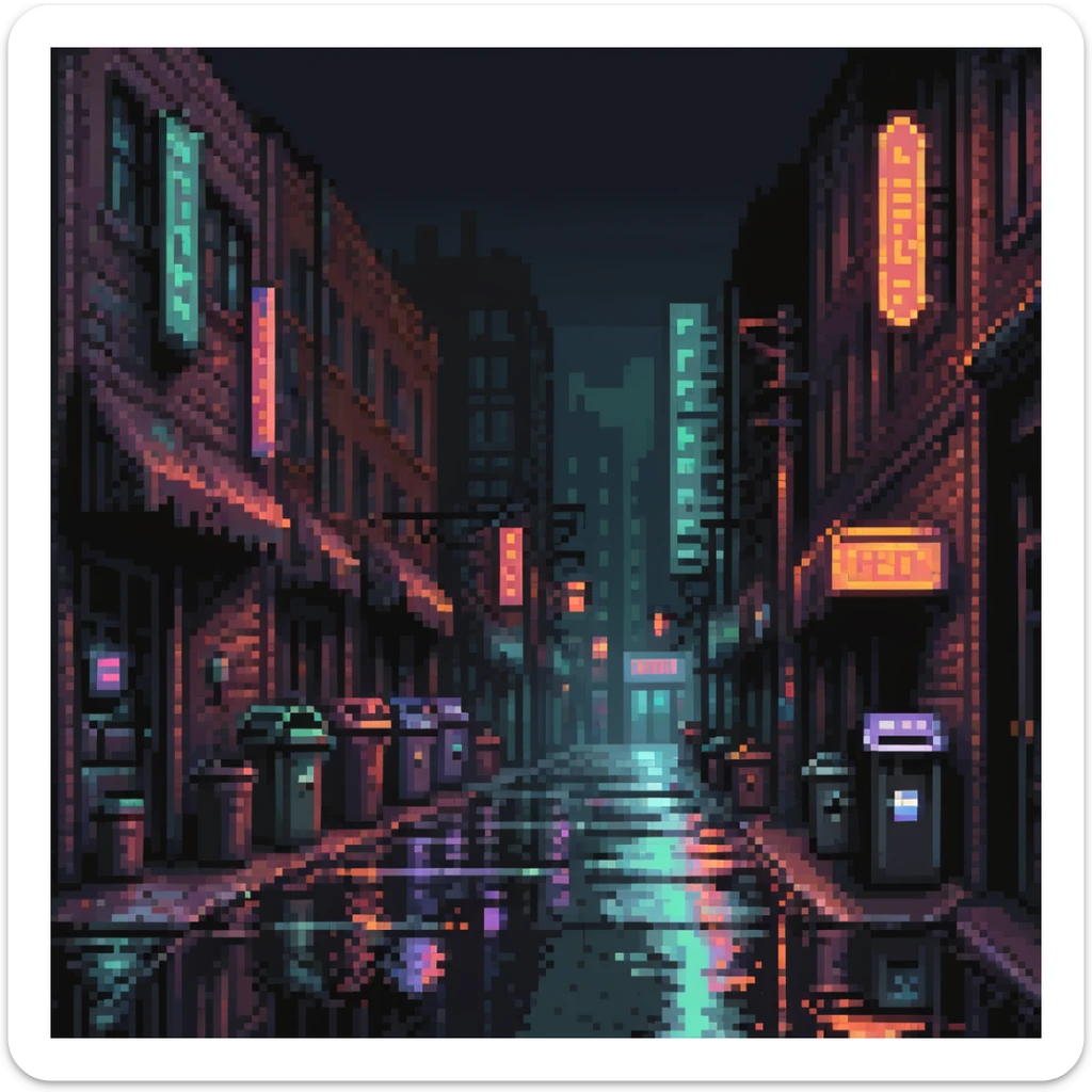 Pixel art background, side view of a dark Gotham-style street at night, moody lighting, flickering neon signs, trash bins, wet pavement, shadows in windows, 2D fighting game stage style, straight camera angle, vertical layout, 9:16 aspect ratio, suitable for mobile game
 sticker