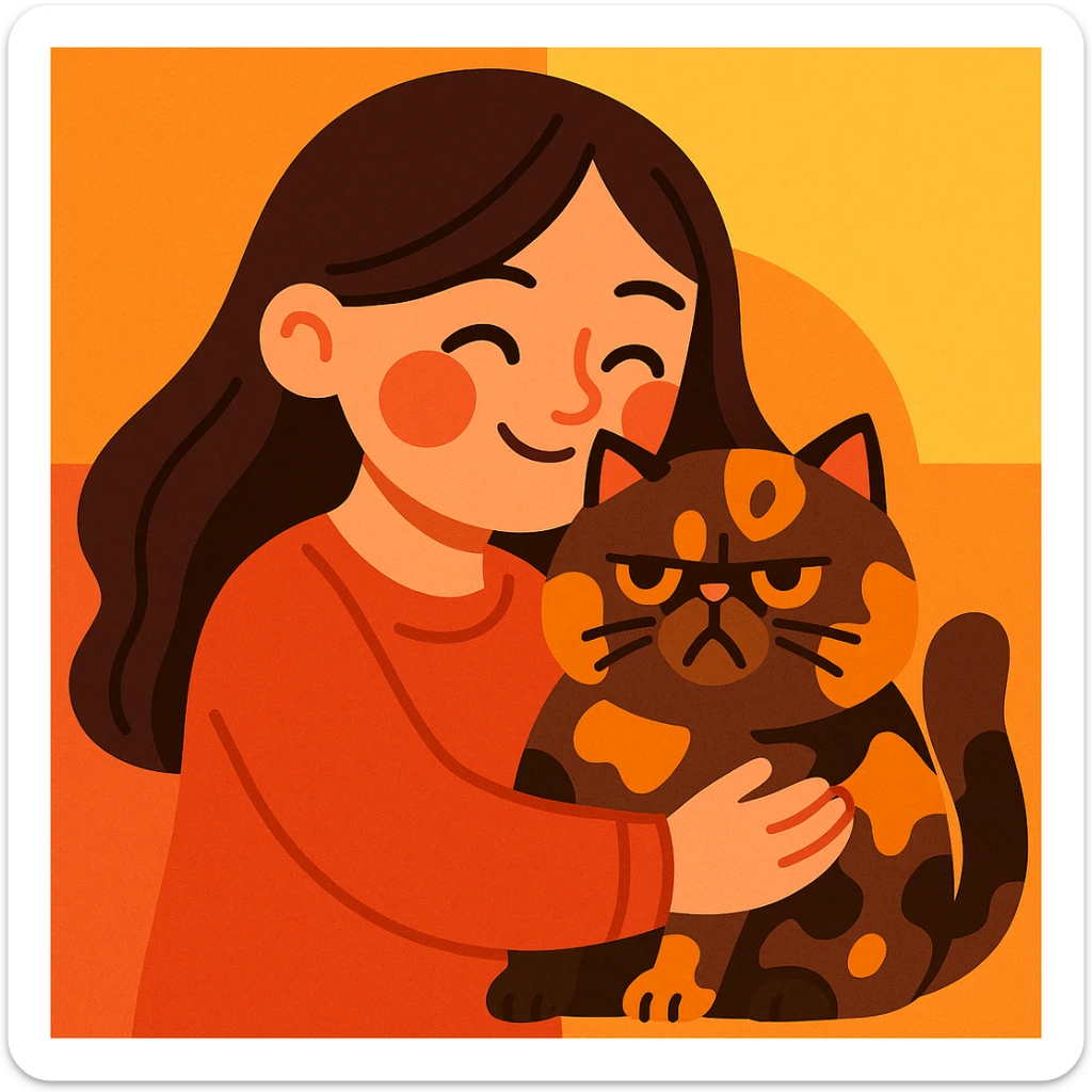 brunette girl snuggling a tortoiseshell Persian cat, cartoon style, warm and affectionate sticker