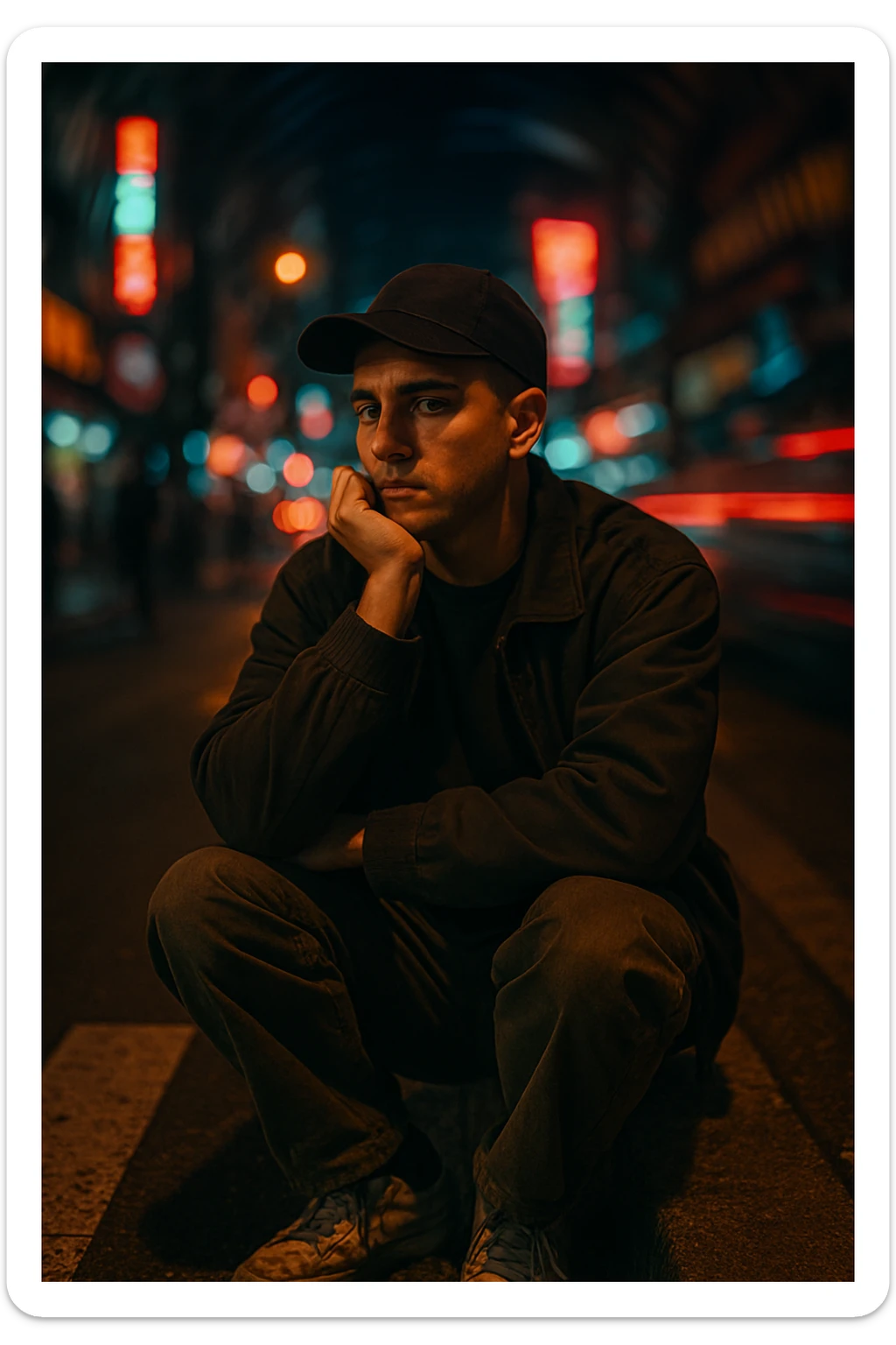 A cinematic night photo of a Southeast Asian man in his early 30s, with a medium tan (sawo matang) skin tone, sitting on the edge of a city sidewalk at night. He is wearing casual streetwear: a dark bomber jacket over a plain oversized T-shirt, loose-fit cargo pants, and worn-in sneakers. A black baseball cap is worn forward, slightly tilted. He sits with one knee up, resting one arm casually across it while the other hand props up his head — his chin resting on his knuckles, as he stares blankly toward the street ahead, deep in thought or zoning out.
The urban background is chaotic and colorful — glowing neon signs, streaks of red and blue light from passing cars, blurred silhouettes of pedestrians. A spiral or radial motion blur effect surrounds the background, emphasizing the stillness of the subject amidst the fast-moving city life.
Cinematic lighting highlights his face softly, with a warm glow on his skin while the surroundings remain moody and dark. The scene has a raw, introspective feel — like a frame from a neo-noir urban film. The ground beneath him is gritty and textured, the crosswalk lines and asphalt adding realism to the scene. sticker