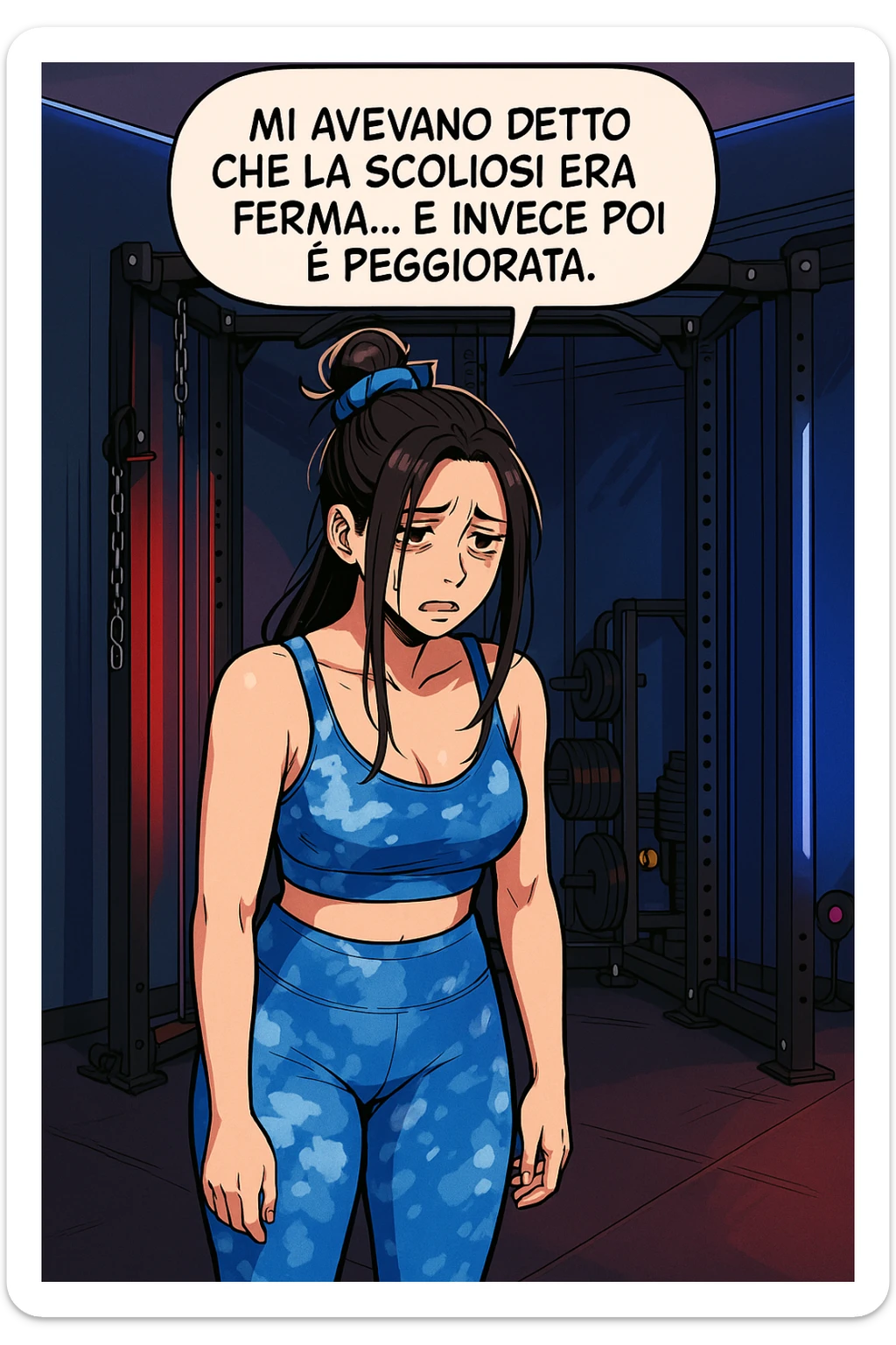 fai questa immagine in versione fumetto/manga/webtoon a colori, il manga mostra la donna disperata con un fumetto sulla testa che dice:
Mi avevano detto che la scoliosi era ferma… e invece poi è peggiorata.
 sticker