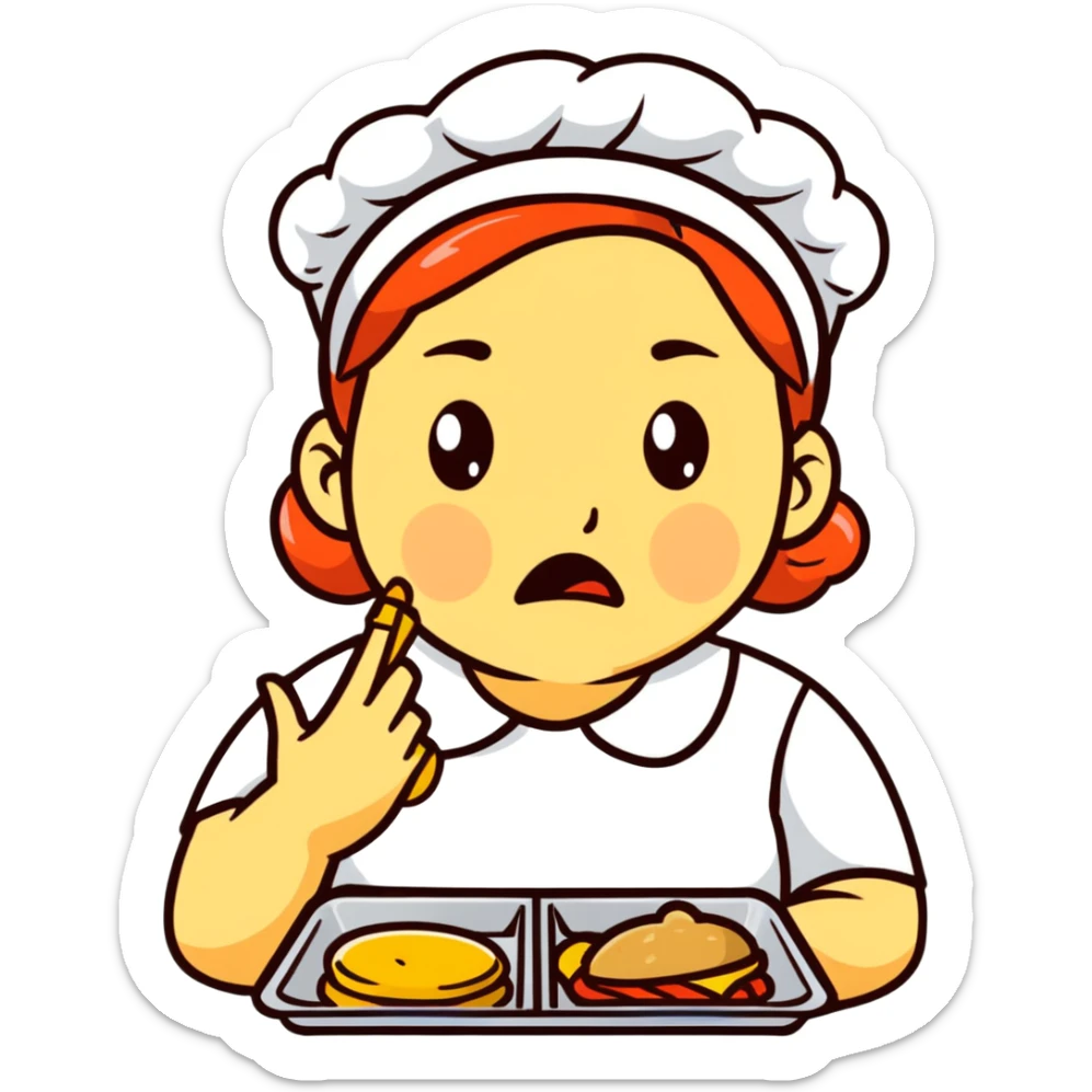 cartoon sticker of a lunch lady with a disgusted expression, holding a tray of gross food sticker