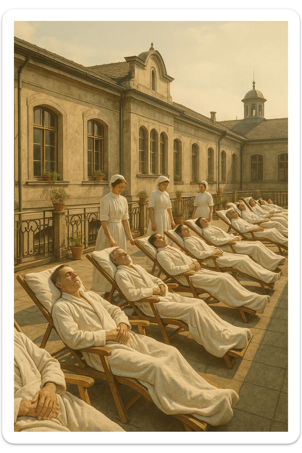A realistic, historical cinematic illustration of a hospital rooftop solarium from the early 1900s, with patients in white robes and blankets lying on lounge chairs under the sun, receiving heliotherapy. Nurses in classic white uniforms and caps assist quietly, while the warm sunlight bathes the scene. The architecture is vintage, with iron railings, potted plants, and the backdrop of an old European hospital building. The atmosphere is calm and healing, showing patients with tuberculosis, rickets, and malnutrition benefiting from the sun’s rays to stimulate vitamin D production. The color palette is warm, with soft yellows and gentle sunlight, evoking a sense of hope and natural healing, reminiscent of historical black-and-white photographs with subtle colorization for realism sticker