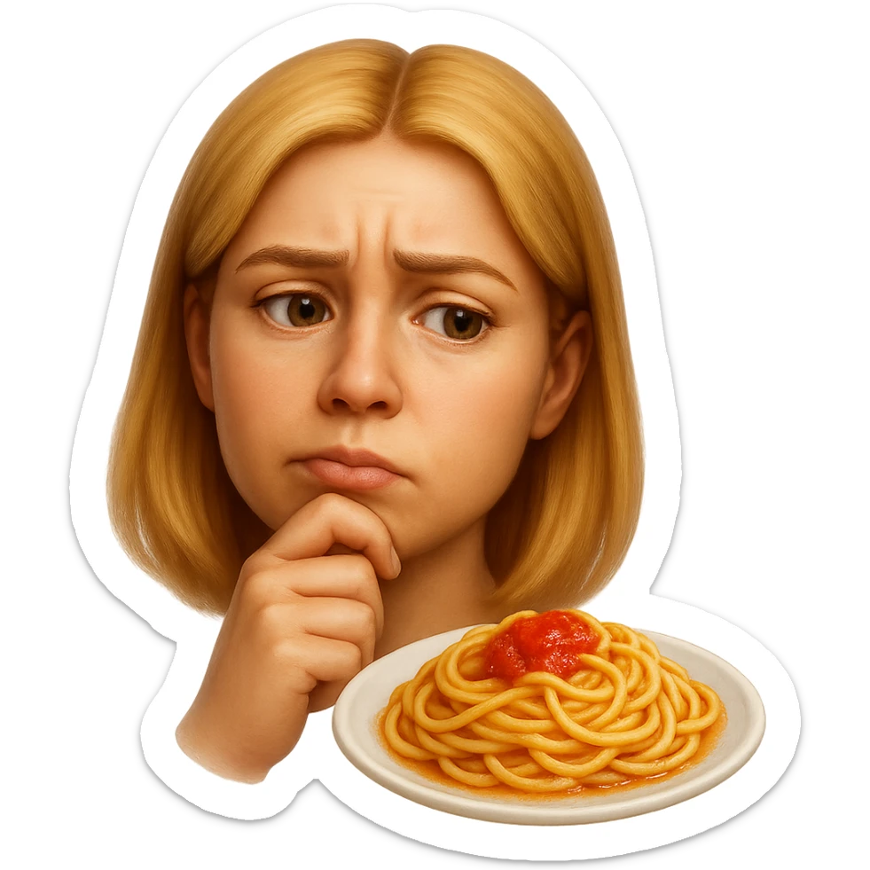 donna che guarda pensierosa un piatto di pasta, stile emoji iphone, iperrealistico 4k sticker