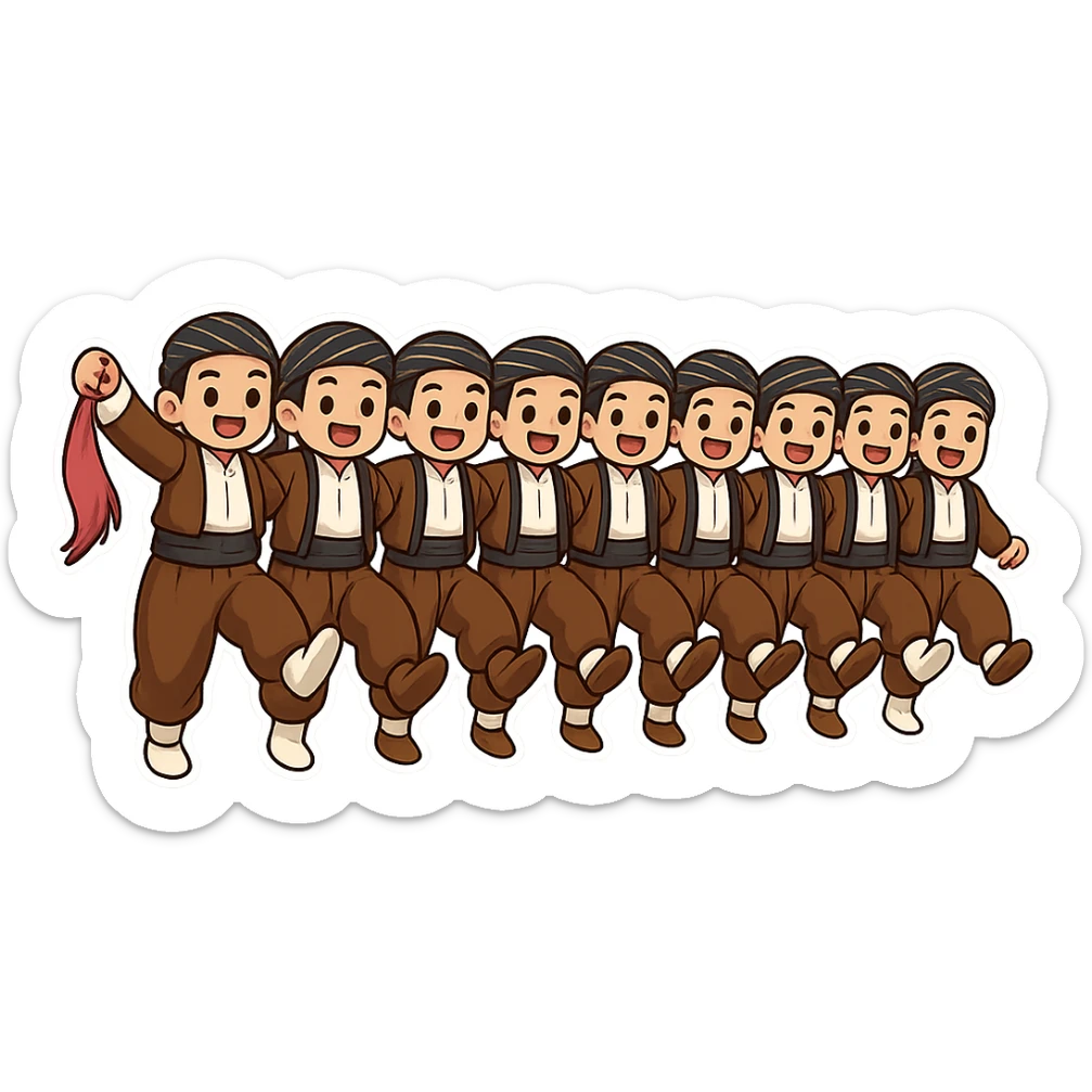 Create a colorful and joyful cartoon sticker of a group of Kurdish men in traditional clothing exactly as in the reference image: brown Kurdish pants, white shirts, black vests and sashes, and headscarves. They are dancing Kurdish dance holding hands with raised legs. No text. Suitable for WhatsApp and Instagram with a transparent background. sticker