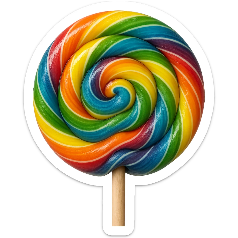 Change the lollipop to a realistic rainbow swirl lollipop with a transparent background, photorealistic style. sticker