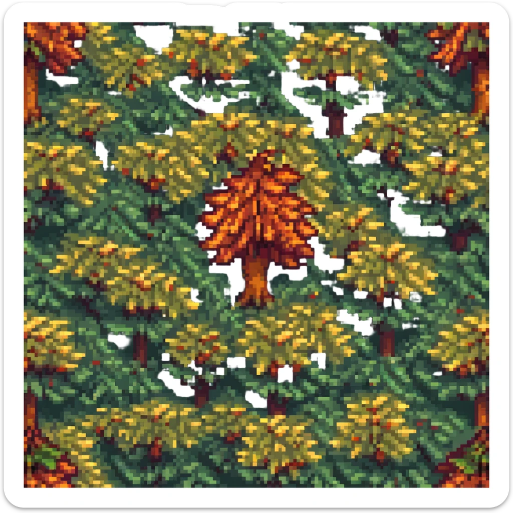 pixel art emoji of a vibrant maple tree with orange and red leaves on a lush green hill under a clear blue sky sticker