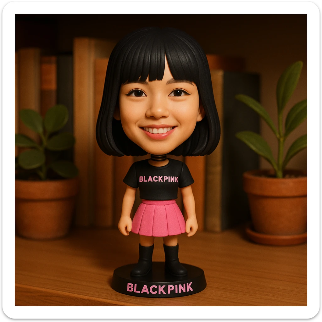 BLACKPINK-inspired object, black and pink colors, fun and collectible bobblehead design sticker