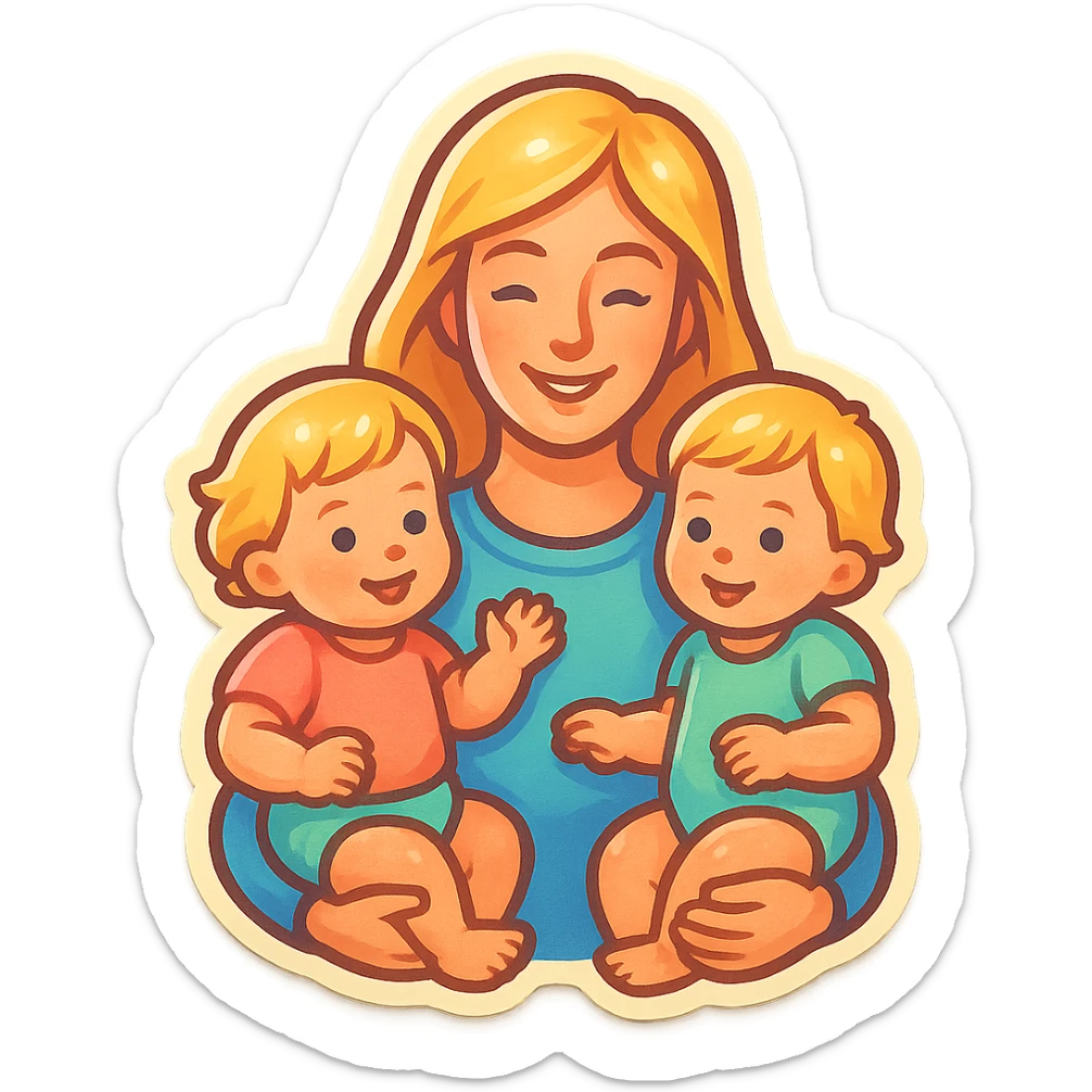mother with long light hair holding one-year-old twin girls with short light hair, all in pastel outfits, retro stickers style, different compositions sticker