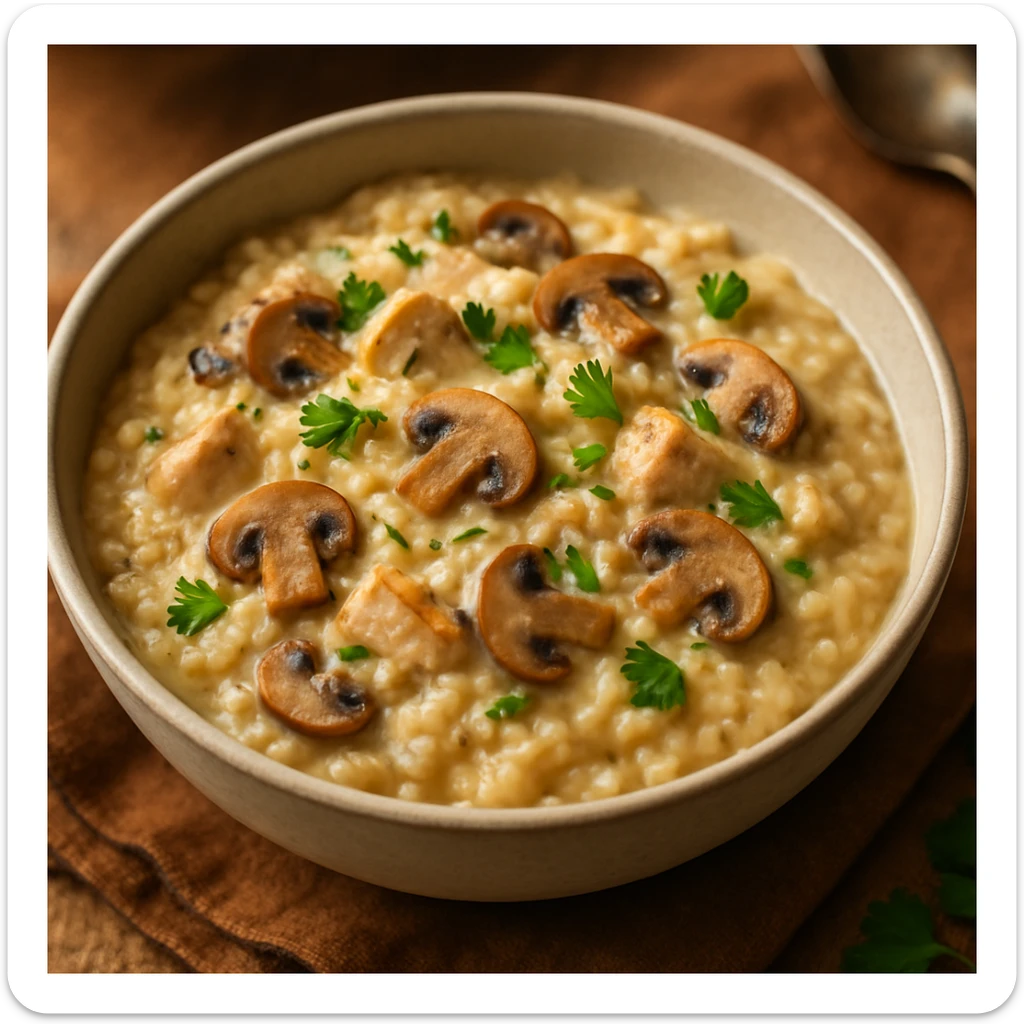 a bowl of creamy chicken mushroom risotto, garnished with parsley, in a cozy, appetizing style sticker