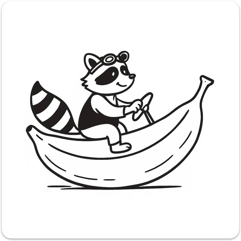 Change the car to a banana, keep the raccoon driving, in hand drawn doodle style. sticker
