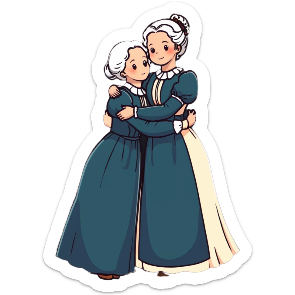 Two modest Victorian women hugging, one with white hair and one with copper red hair, wearing long Victorian dresses sticker