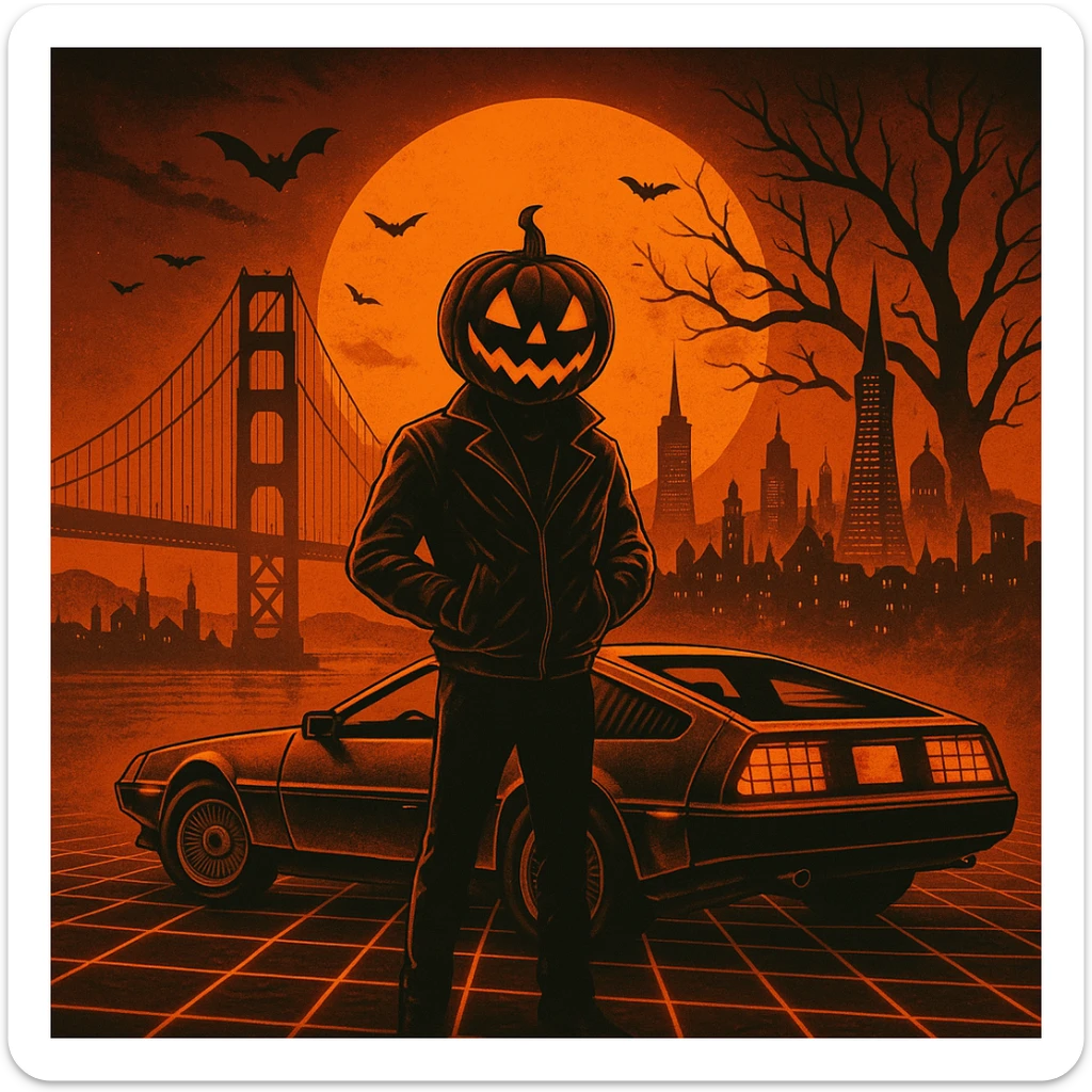 Make the head of the person a halloween pumpkin, make the entire image feel like Halloween retro, make the cityscape san francisco sticker