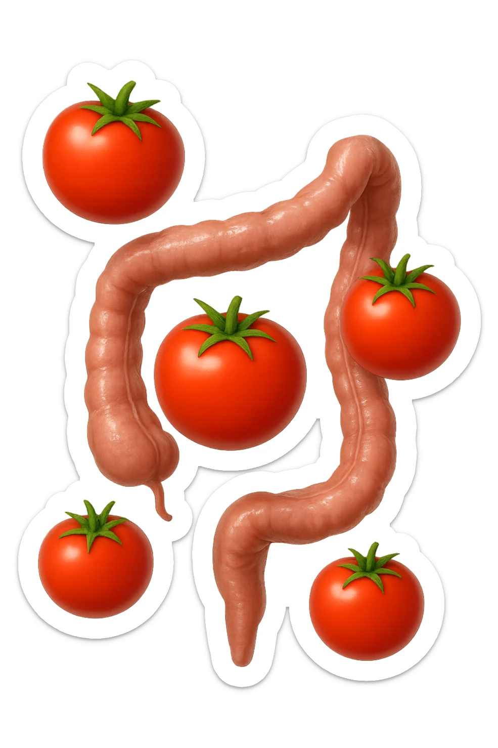 emoji stile iphone di pomodori che fluttuano in aria con colon attorcigliato intorno, iperrealistico 4k, isolato su sfondo bianco sticker