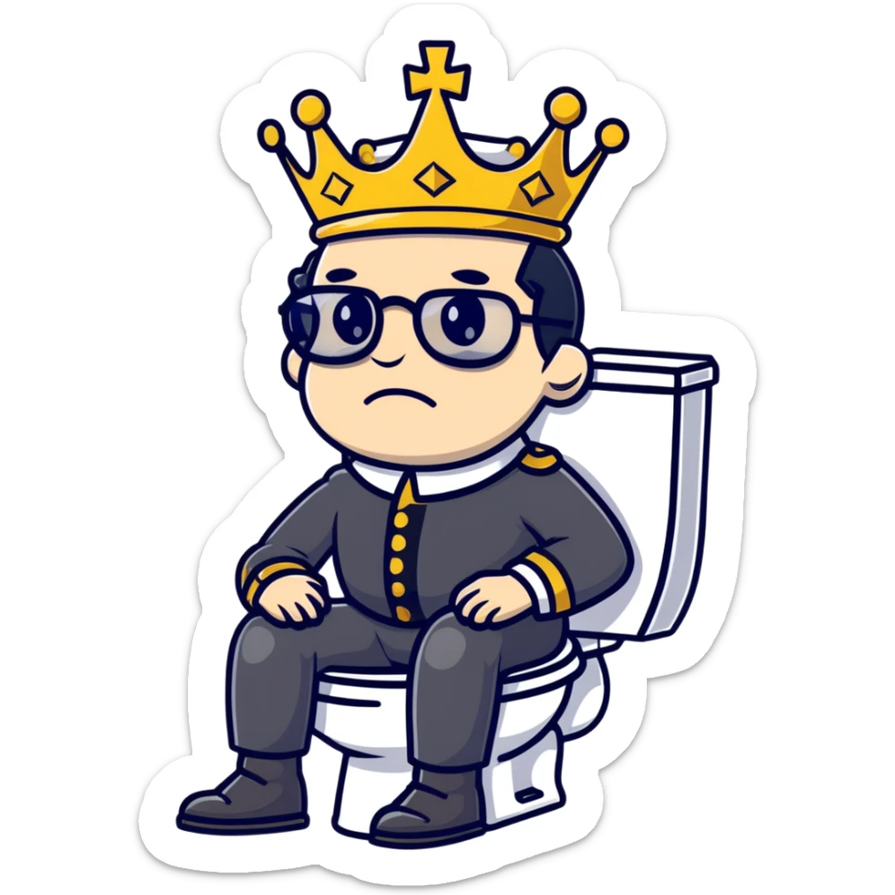 King Charles III with crown sitting on a toilet, wearing round glasses and black hair sticker