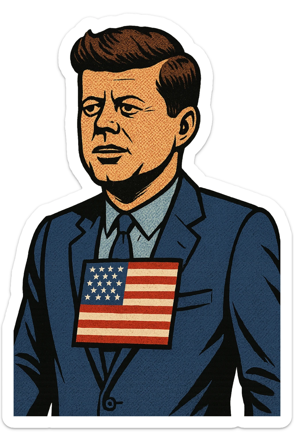 US President Kennedy wearing a blue suit, a light blue shirt with a large US flag badge on the chest sticker