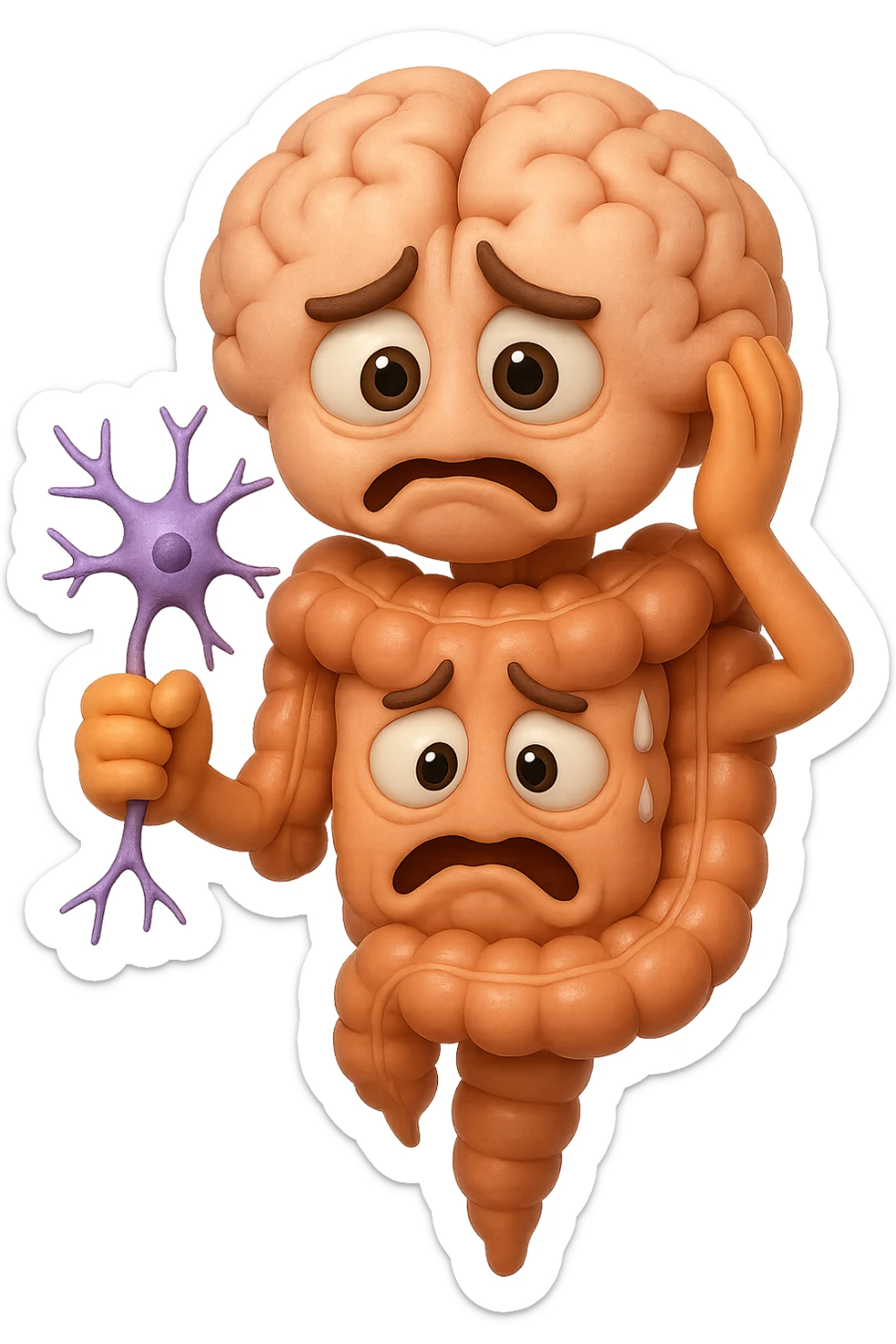 EMOJI STILE IPHONE DI UN INTESTINO collegato verticalmente ad un cervello mentre tiene in mano un neurone, espressione stressata, IPERREALISTICO 4K sticker
