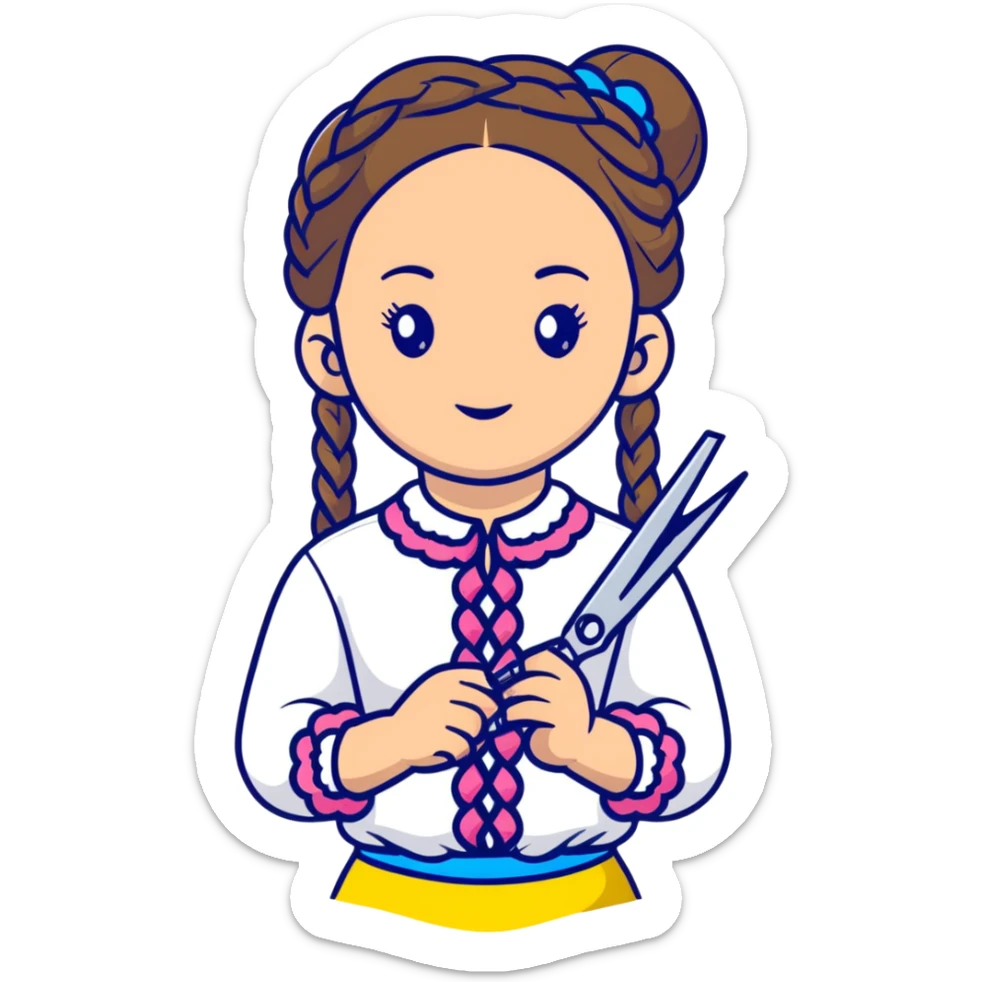 Ukrainian young girl with braided hair wearing a white embroidered traditional shirt (vyshyvanka) holding scissors and colorful craft paper sticker