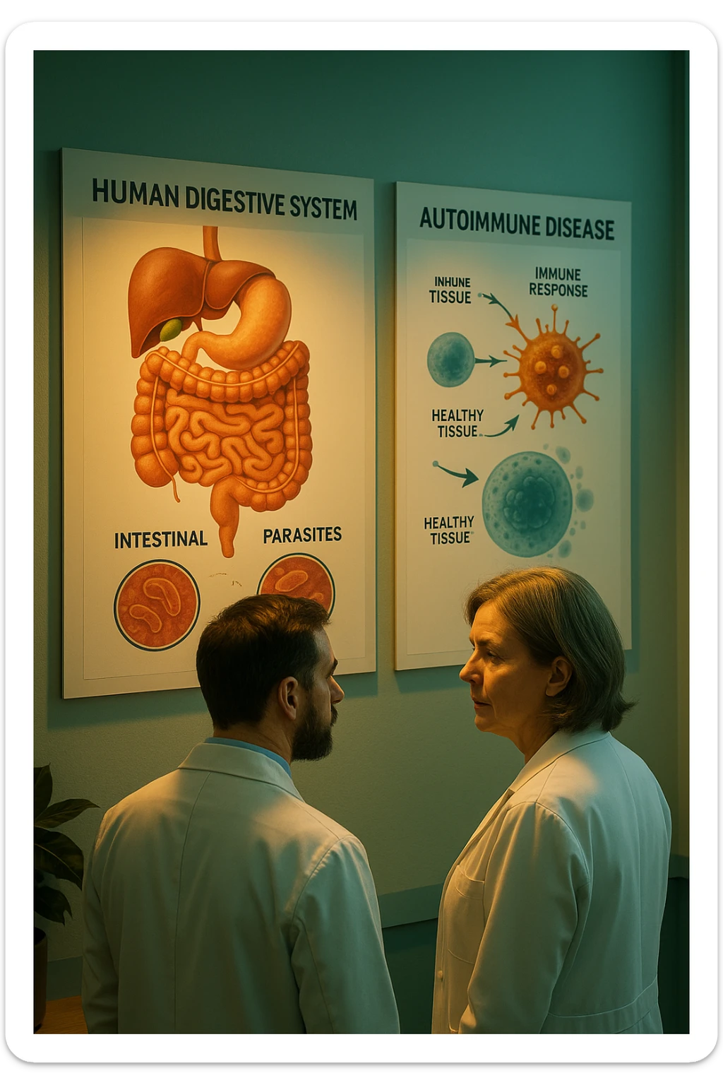 Realistic, detailed photo taken from behind of two doctors—a bearded man and a middle-aged woman—standing side by side in a modern medical office, intently studying a large, illuminated medical chart on the wall. The chart displays a detailed diagram of the human digestive system, highlighting the intestines and showing microscopic images of intestinal parasites. Next to it, another chart illustrates the immune system attacking healthy tissues, visually connecting gut parasites to autoimmune disease mechanisms. The room is bathed in a single green-blue color, with a warm, yellow-orange light casting soft shadows around the doctors. Both wear white coats and have serious, focused expressions, suggesting a deep discussion about the root causes of autoimmune conditions. Shot with a Canon EOS R5, with high detail, natural depth of field, and a clinical yet dramatic atmosphere. sticker