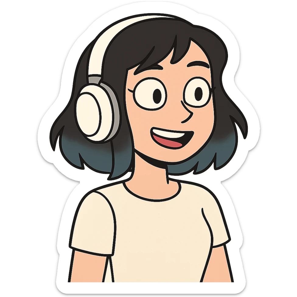 girl with medium black hair with blue tips wearing white headset, colorful cartoon style sticker