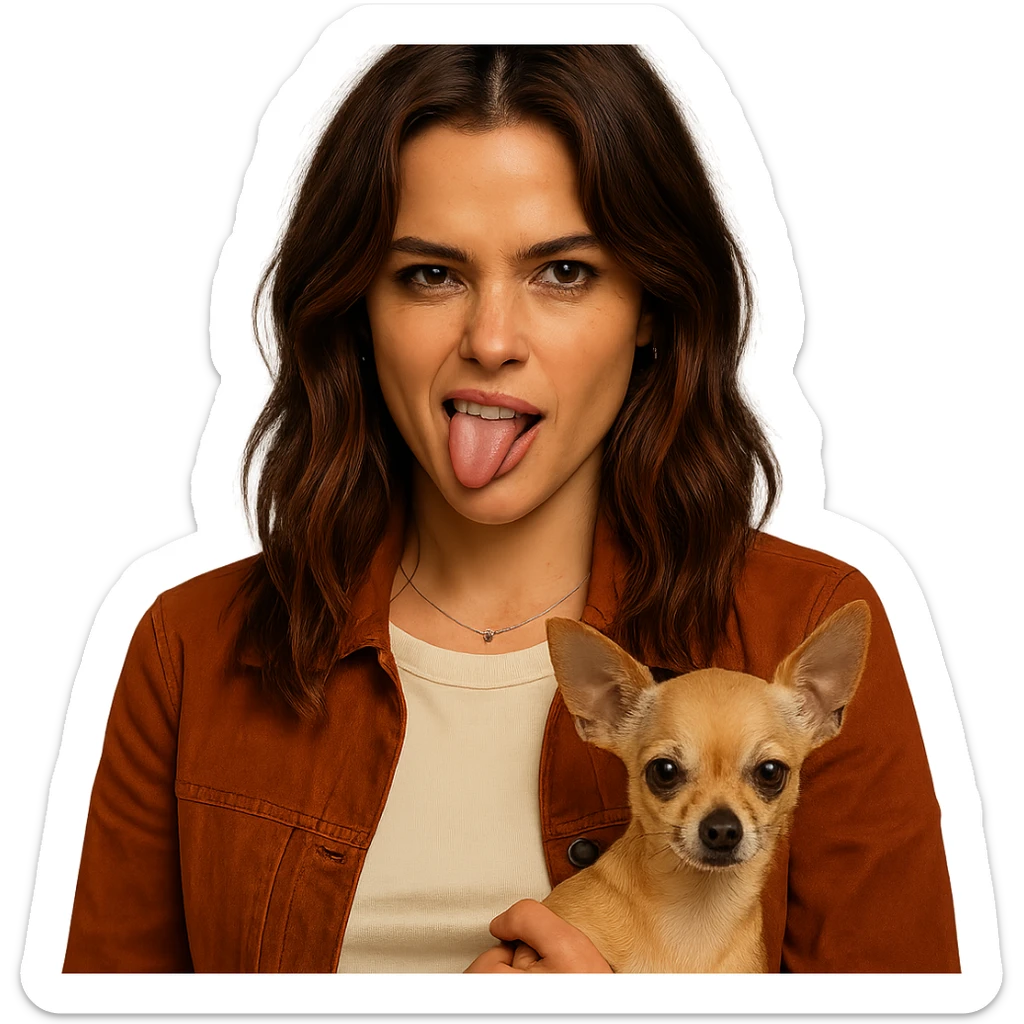 Create a portrait of a woman inspired by the facial features visible in the reference images. She has a tanned complexion with subtle freckles, wearing a shirt in color #FFF8CA and a rust-colored jacket. Her hair is medium-length brown with auburn highlights. She has a rebellious and playful expression. She is holding a beige-brown chihuahua. The style should resemble a Netflix series look. The background should be transparent. sticker