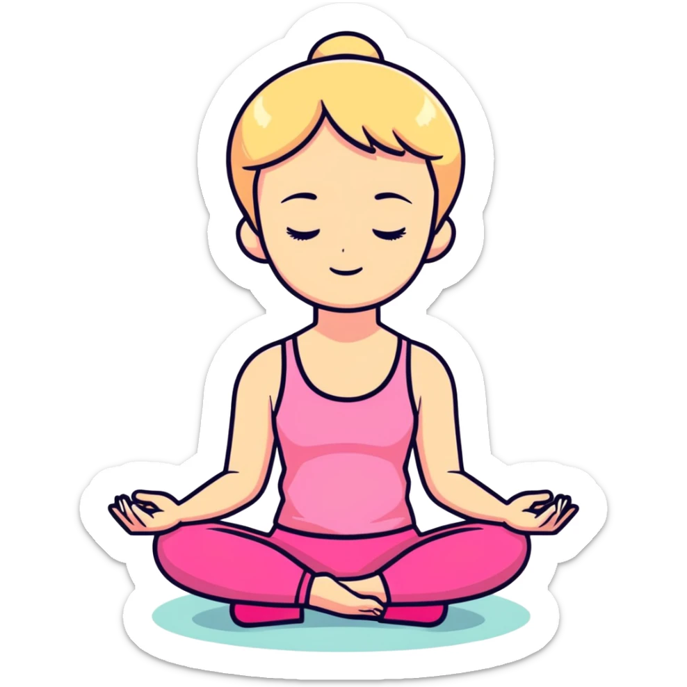 Blonde short hair girl doing meditation With pink top and pink leggins sticker