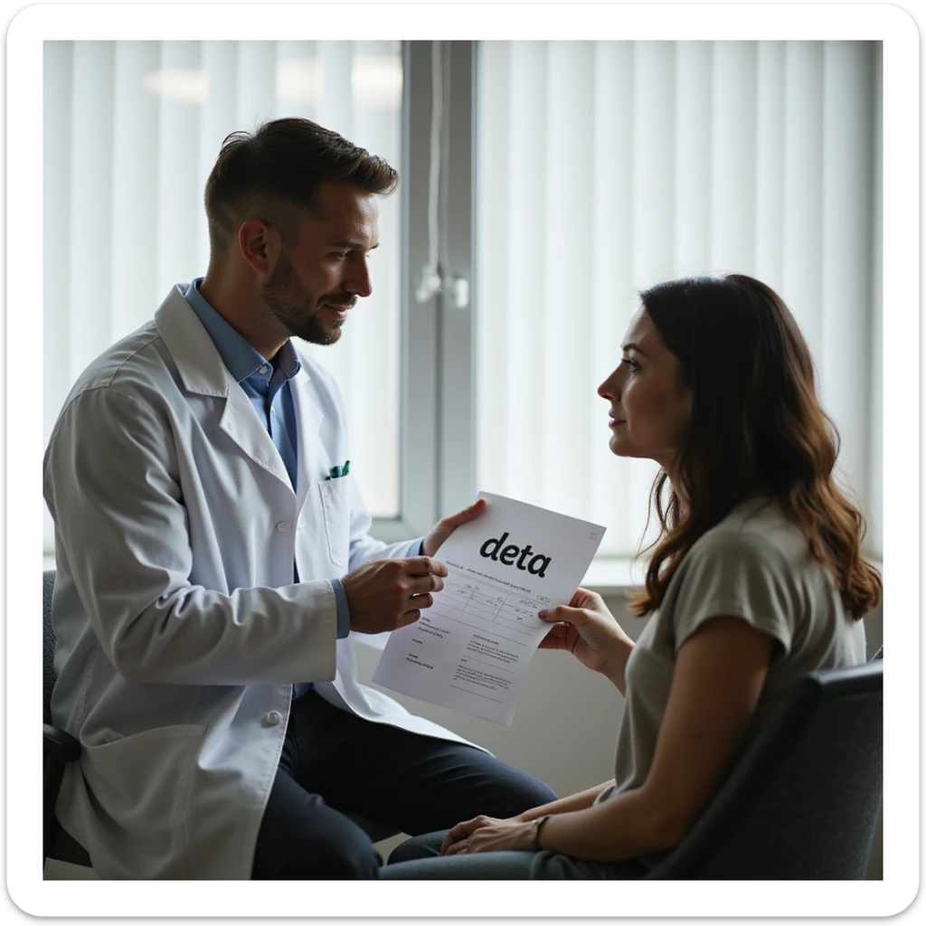 hyperrealistic 4K scene of a male nutritionist in a white coat giving a sheet with the word 'dieta' to a seated female patient in his office, variation 7 sticker