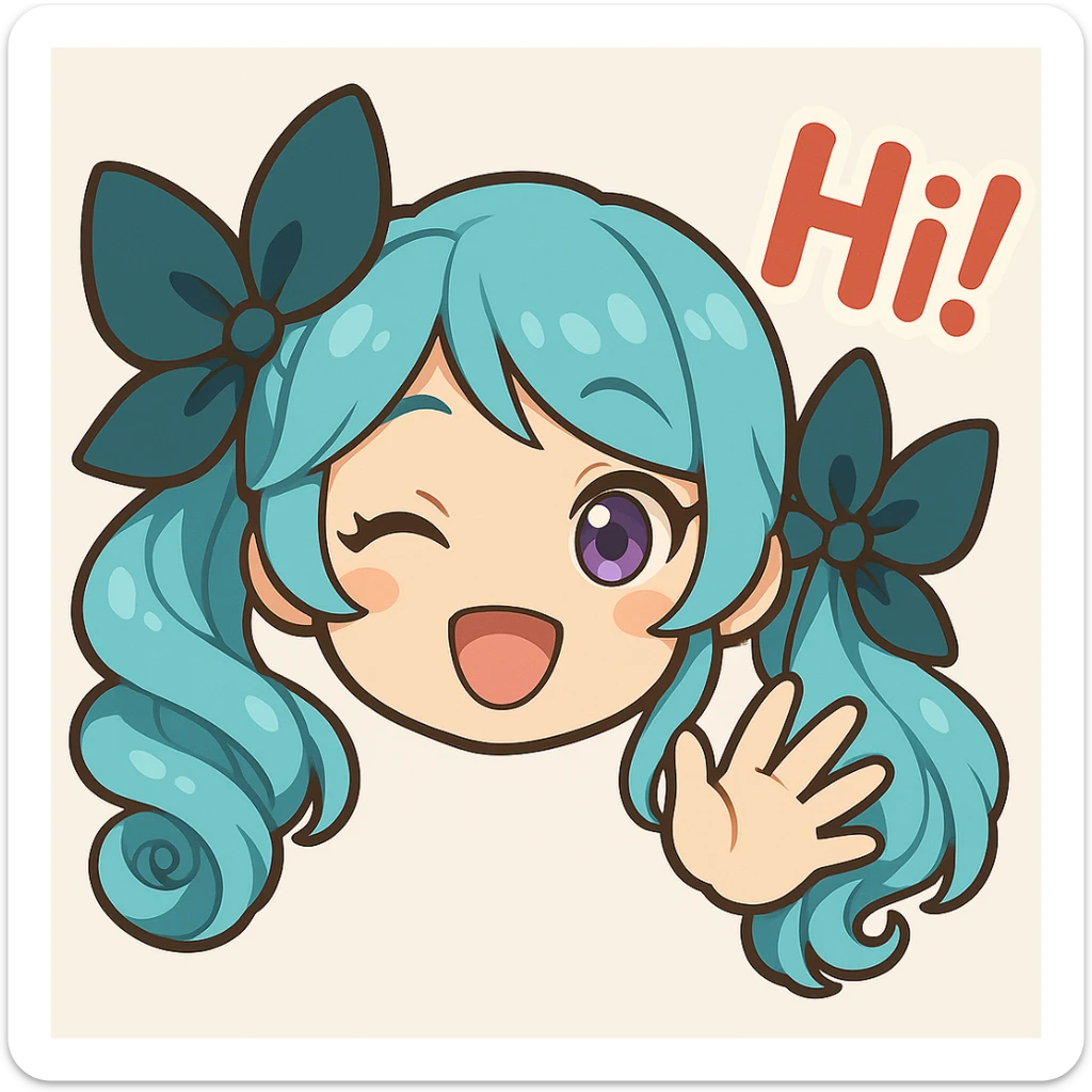 Make sure Gwen from League of Legends has both hair bows visible, keep the hi expression, only head and hand visible, right eye is purple, in chibi emote style, cute and expressive. sticker