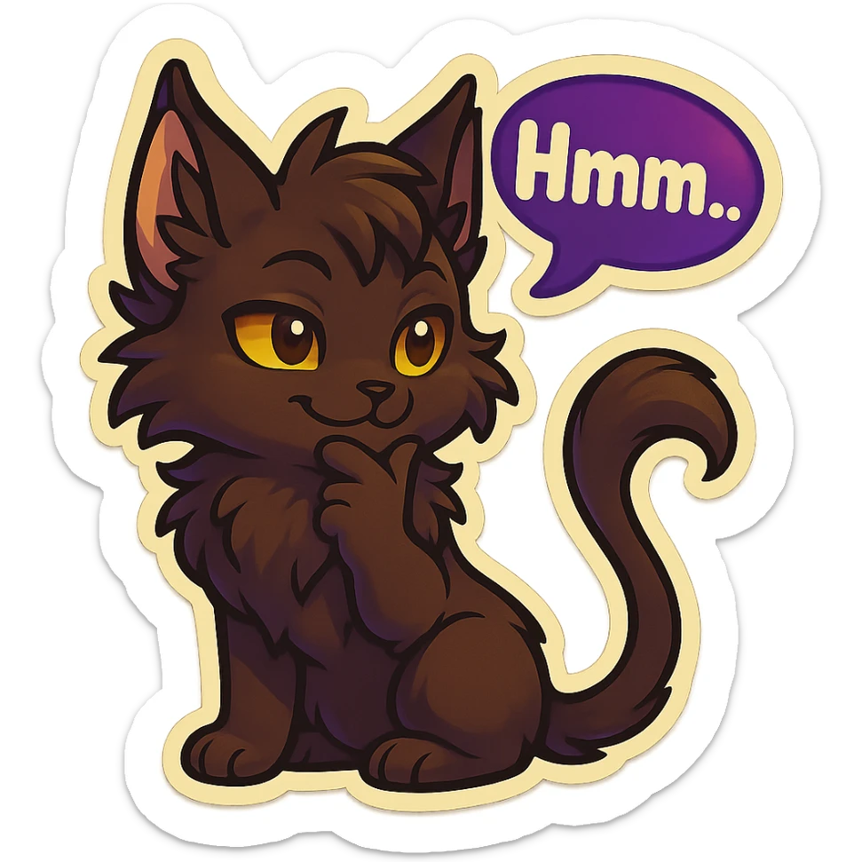 a dark-brown fluffy cute kawaii anthropomorphic furry anime cat-furry with tufted ears, golden eyes, and a long thin tufted tail, thinking, smirking thoughtfully, saying “Hmm..” with a purple speech bubble, (cartoon style) (cute anime style) (furry style) (deviantArt style) (artist style: Kamirah) sticker