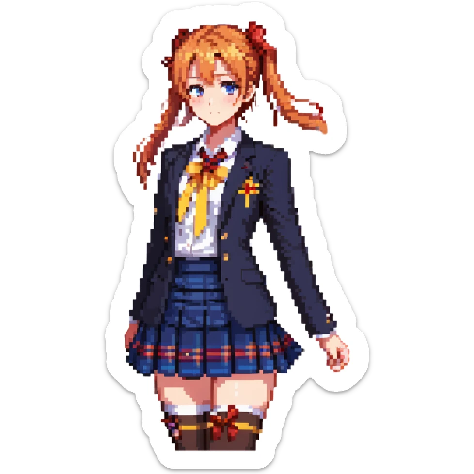 Honoka Kosaka from Love Live standing in Otonokizaka High School courtyard, orange side ponytail with yellow ribbon, blue eyes, navy blazer, red ribbon at collar, blue tartan skirt, black knee socks, brown loafers, cherry blossom petals floating, spring breeze, cheerful and determined expression sticker