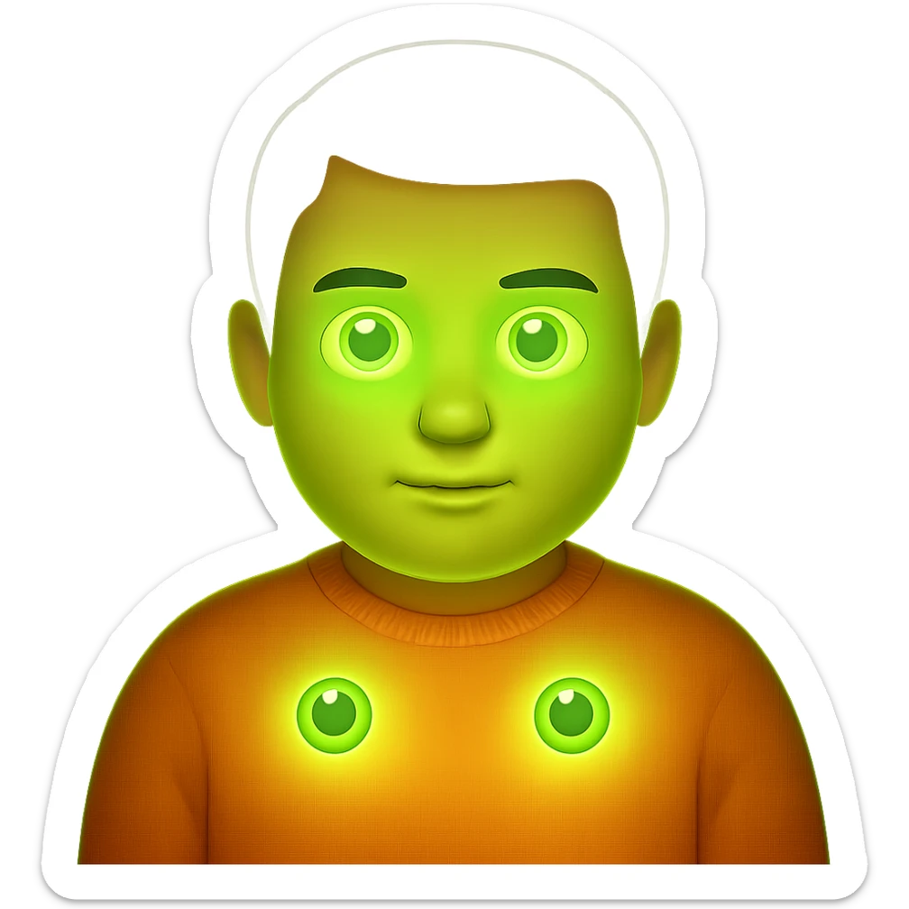 Make the neon green eyes even brighter and more glowing, keep the rest of the emoji unchanged, with no background. The style is a neon green glowing emoji with no background. sticker