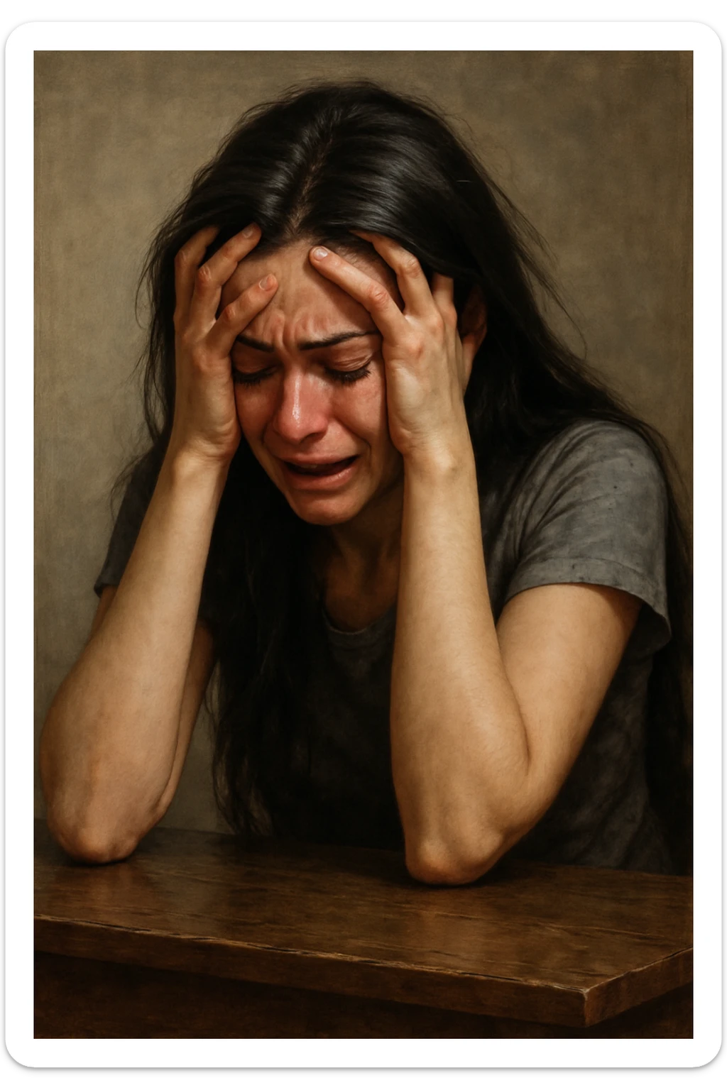 woman with long black hair, sitting with head in hands, overwhelmed, tears, emotional breakdown sticker