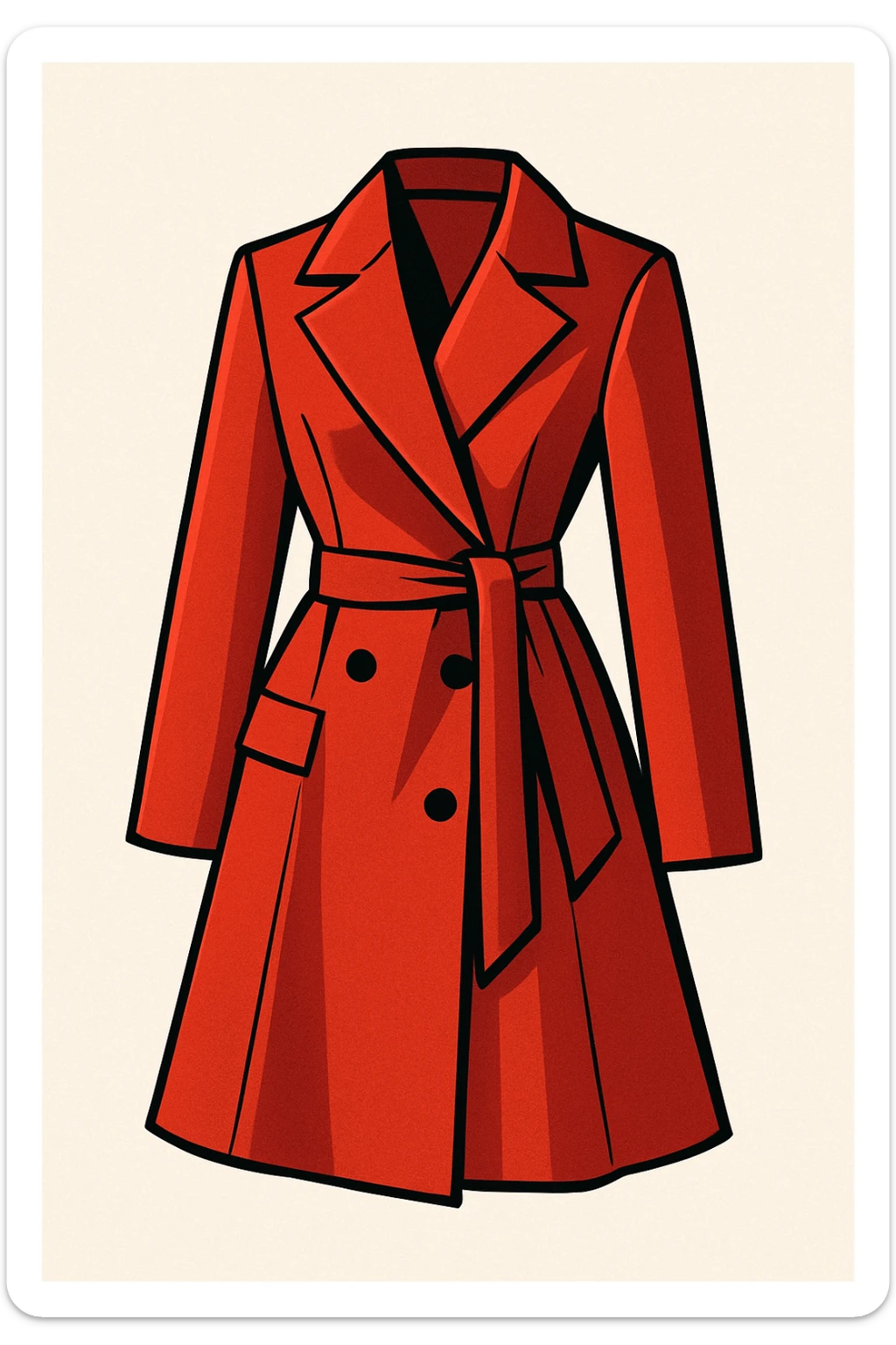 stylish red woman's coat, modern fashion illustration, vibrant toon style, elegant and fashionable sticker
