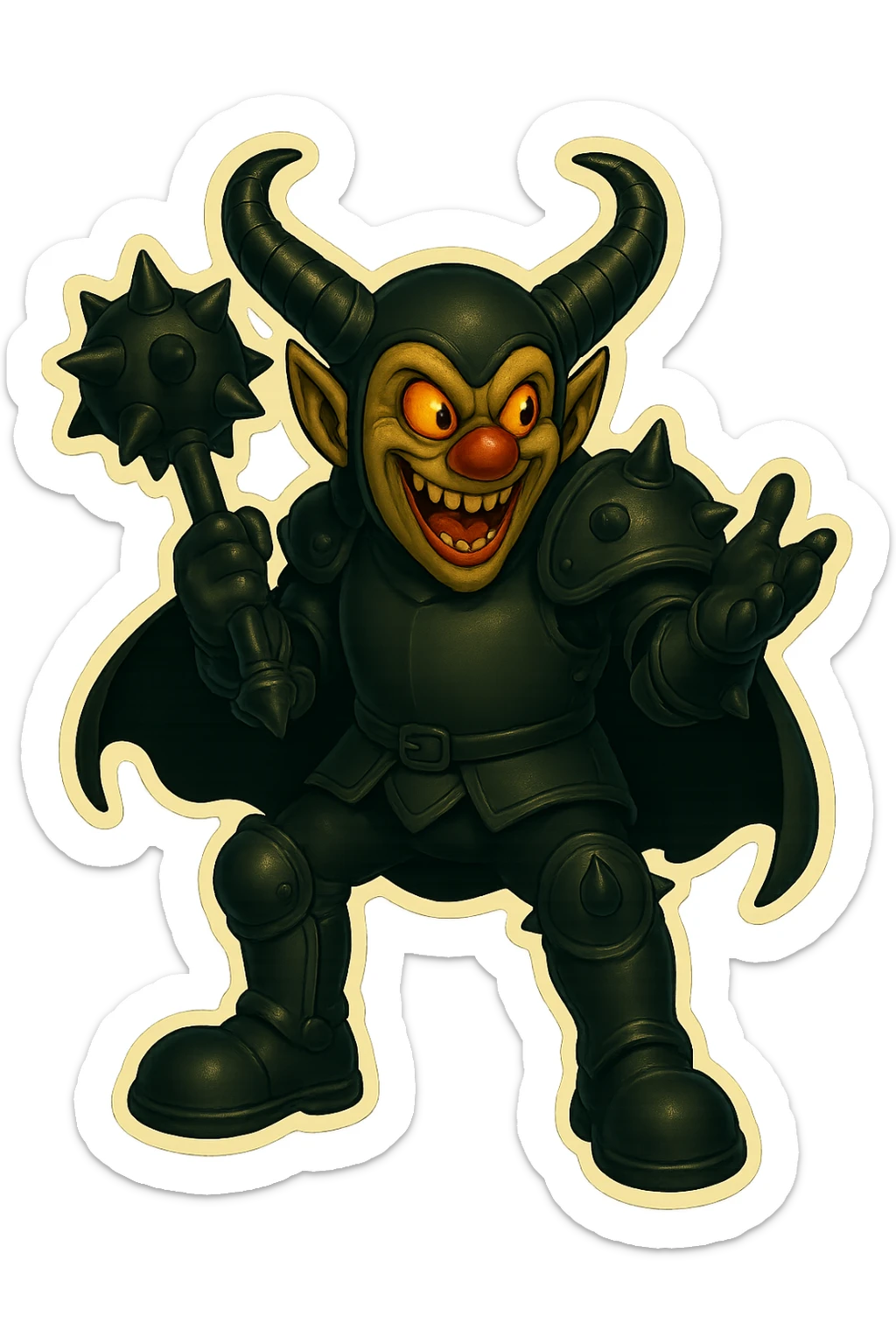 A menacing armored clown with ram horns, glossy black on matte black armor, short cape, large but not comically oversized black clown shoes, oversized spiked mace resting on the ground or held loosely, calm and relaxed posture, not in battle, mouth open as if talking, gesturing with one hand, spikes on knee, elbow, and shoulder armor, glowing gold-red eyes, vibrant retro stickers style, no yellow aged tint, full body, transparent background. sticker