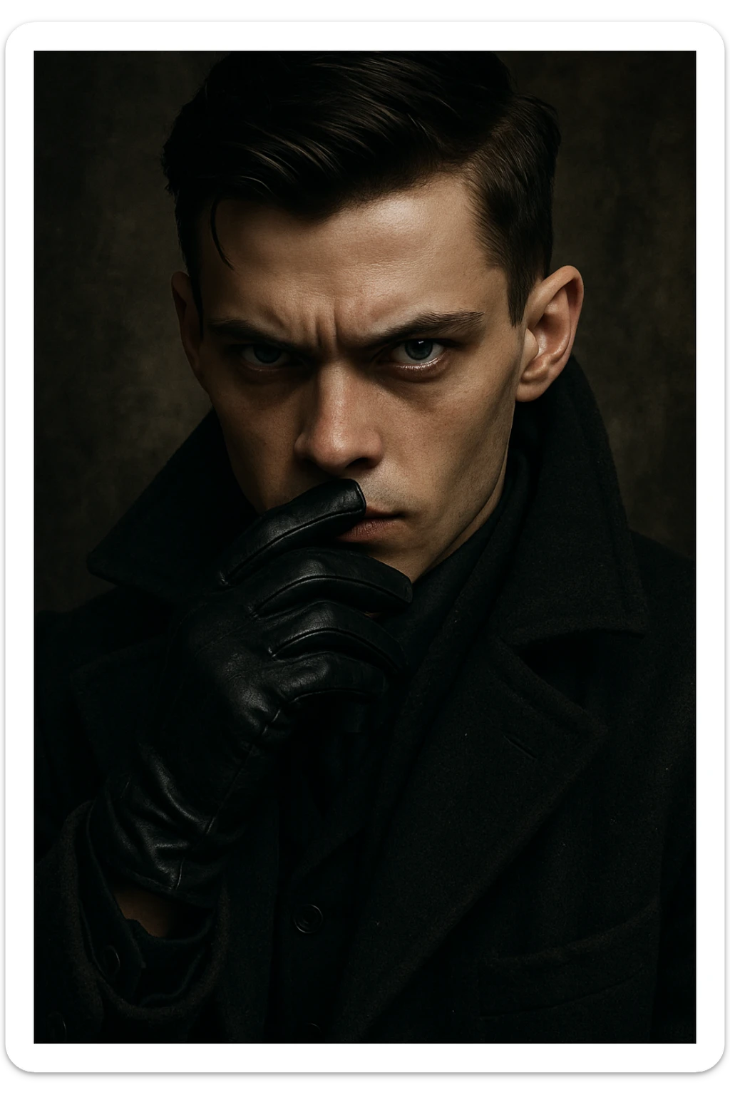 Kaz Brekker from Six of Crows, close-up portrait, piercing eyes, black gloves visible, wearing high-collared coat, gritty dramatic lighting sticker