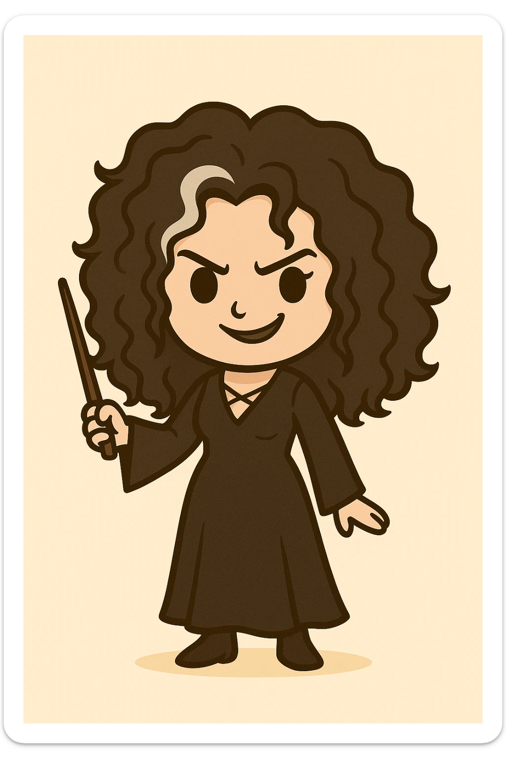 Add a wand in the hand of Bellatrix, keep the white streak in her voluminous, messy, curly black hair, wearing a long black dress, with a mischievous expression, in chibi sticker style, with a light beige background. sticker