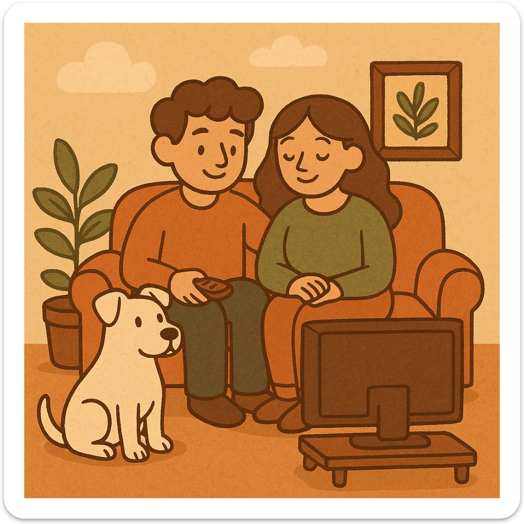 cartoon style, boyfriend and girlfriend sitting together watching TV with their white pitbull, cozy living room scene, warm and inviting atmosphere sticker