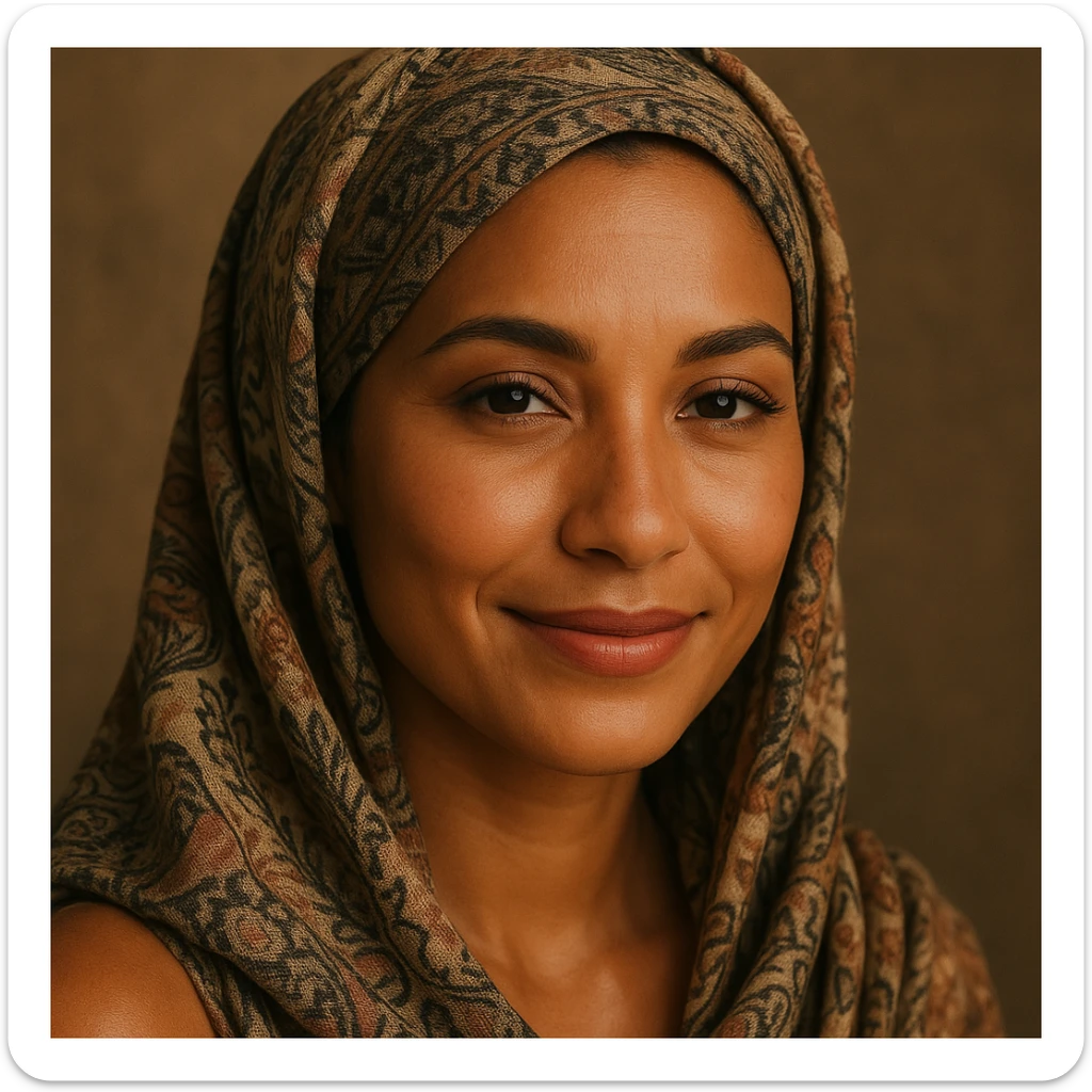 a tanned skin woman wearing a patterned headscarf and subtle makeup, gentle smile sticker