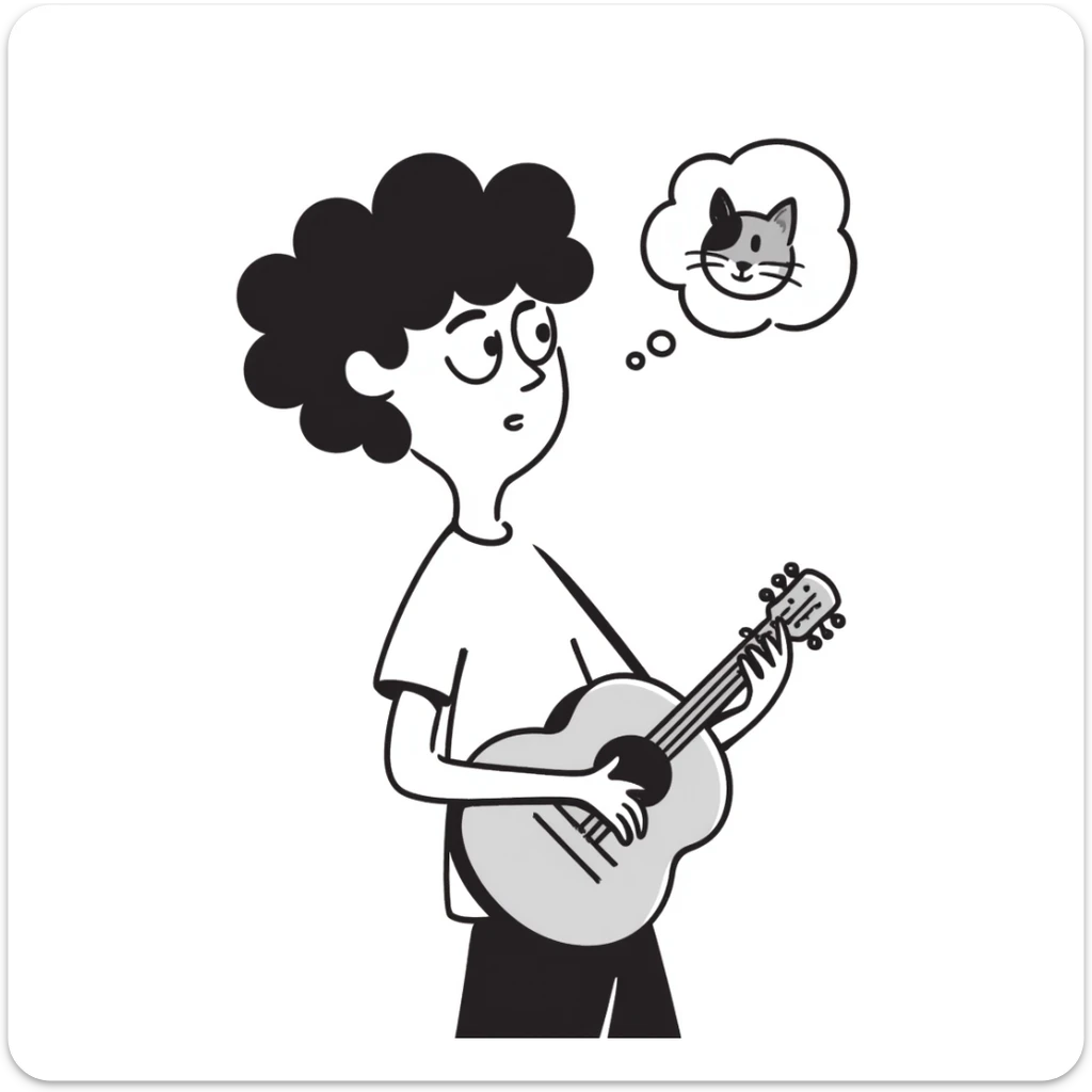 Close-up of a musician's face and torso, holding a guitar, looking up at the sky with a sad and worried expression, with a small thought cloud above showing something causing concern sticker