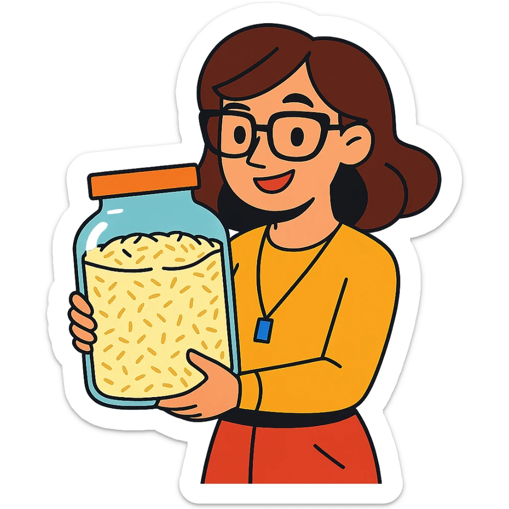 designer woman with brown hair holding a big glass jar of rice in vibrant toon style sticker