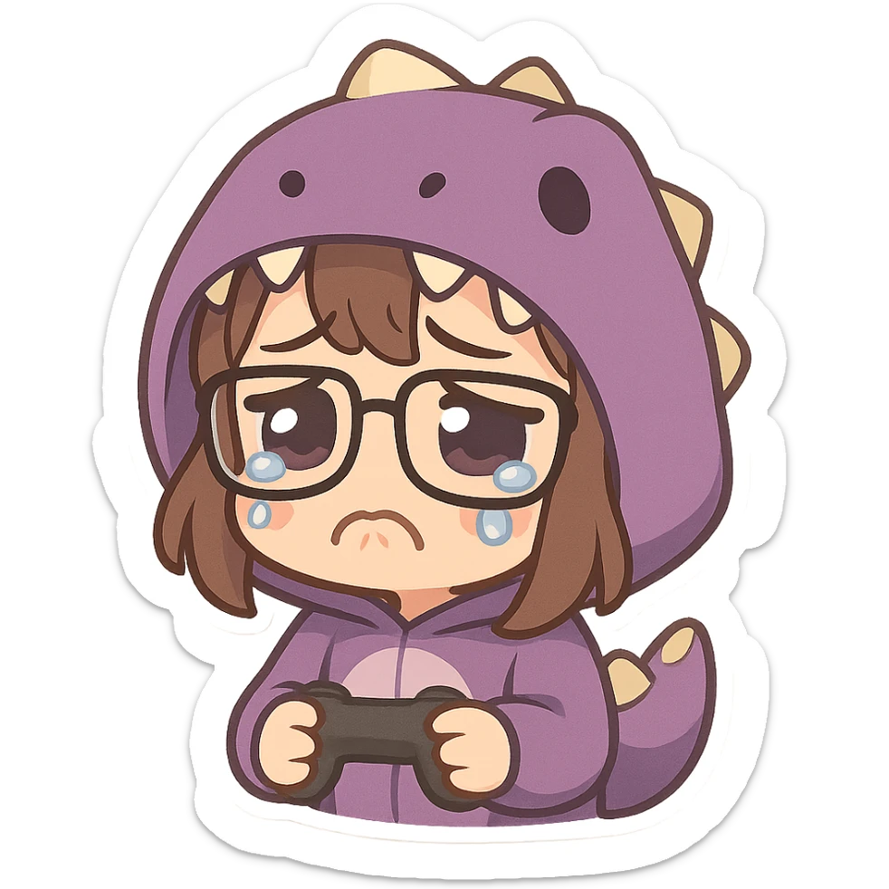 chibi anime style gamer girl with glasses, brown hair, dark purple eyes, wearing a purple dinosaur costume, making a sad emote sticker
