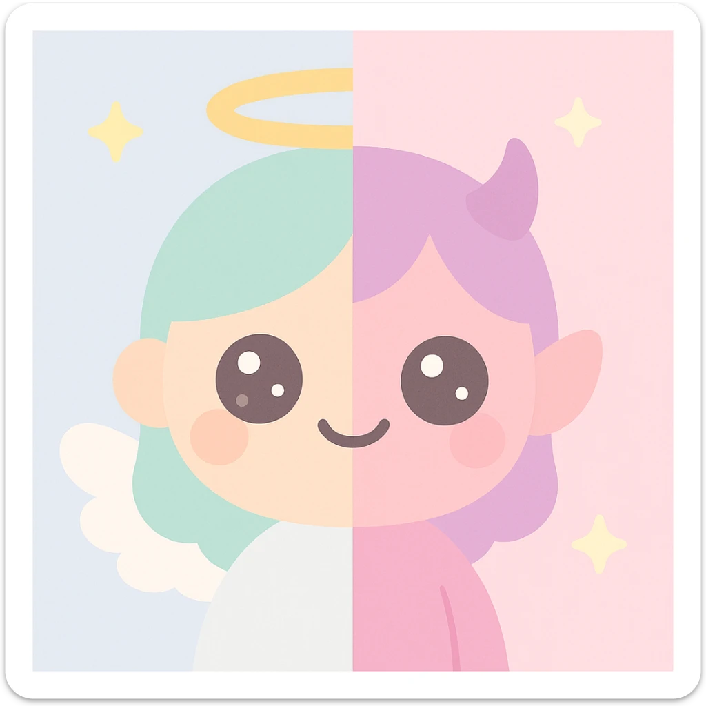 half animated face of an angel and half animated face of a devil, cute cartoon style sticker