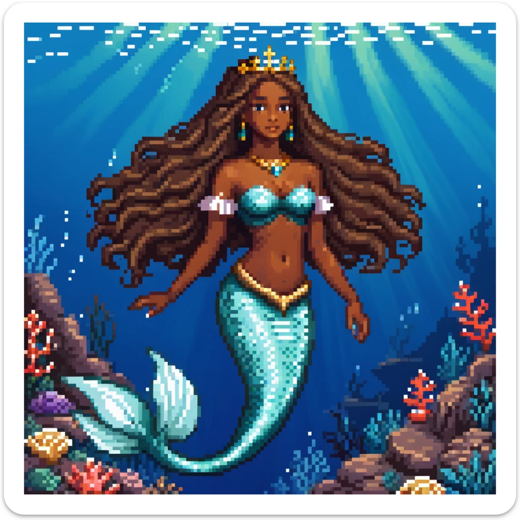 Dark brown skin mermaid princess with long flowing hair and royal accessories in deep blue ocean sticker
