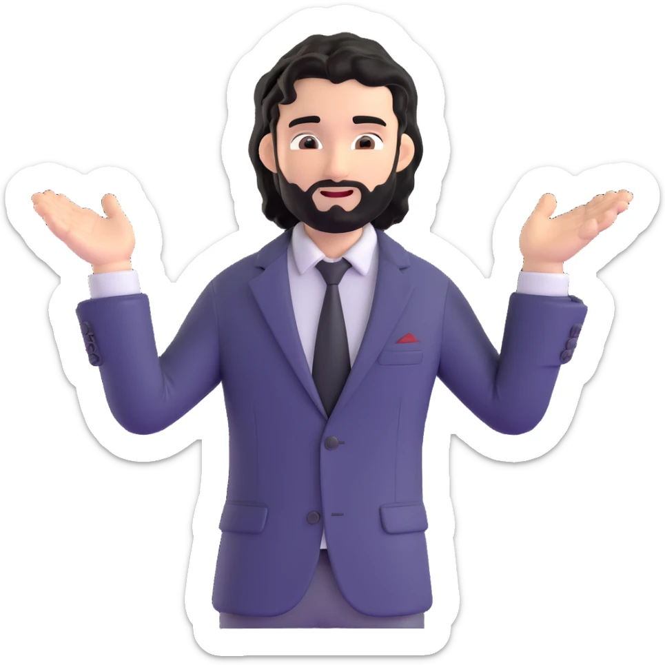 Business strategist with black wavy hair, stubble, chiseled face, wearing blazer and button-up shirt, leading a dynamic leadership workshop, engaging with a circle of participants, energetic teaching pose sticker