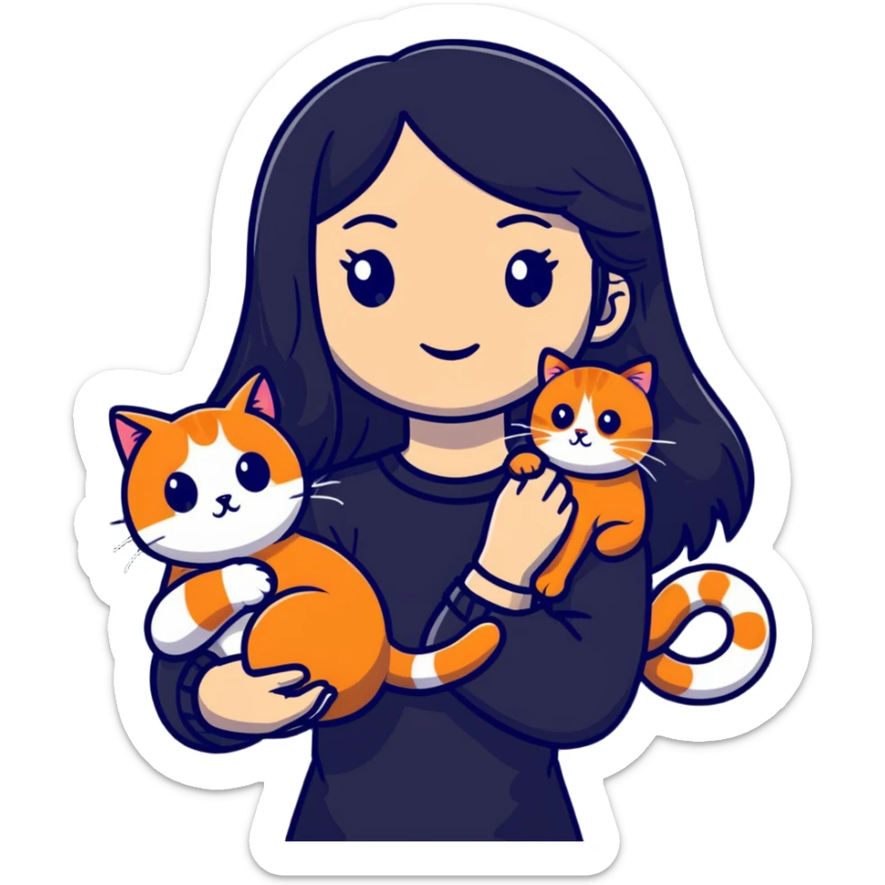 beautiful elegant girl with long black hair holding a friendly ginger cat sticker