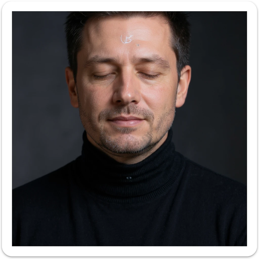 Vertical portrait, only the man's face, realistic style: closed eyes, symbols of moon and sun near the face representing the day-night cycle of fasting, atmosphere of natural balance. sticker