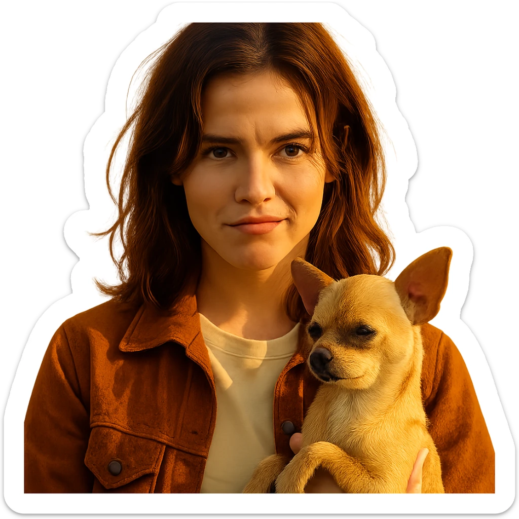 portrait centered of a woman inspired by the face of Zoe Deutch, tanned skin, subtle freckles, rebellious and playful expression, medium-length brown hair with auburn highlights, wearing a shirt color #FFF8CA, rust-colored jacket, holding a beige-brown chihuahua, golden hour effect, transparent background, Netflix series style sticker